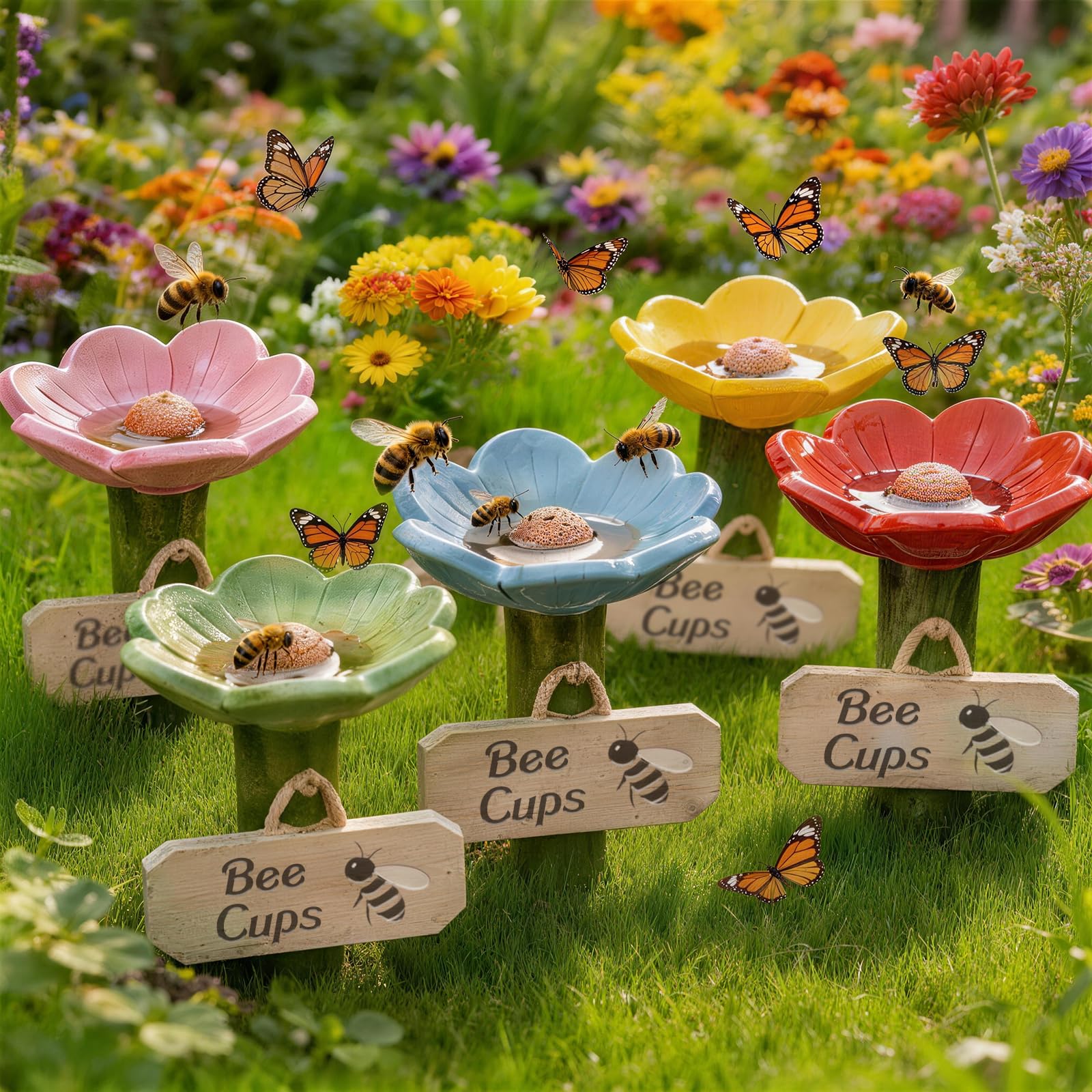 3Pcs Cups for Bees, 2026 New Flower Shaped Bee Watering Station for Thirsty Pollinator Garden, Outdoor Butterfly Drinking Feeder, Eco-Friendly Water Bowl for Yard, Lawn, Patio Decor (3Pcs(Mix Color)) — view 8