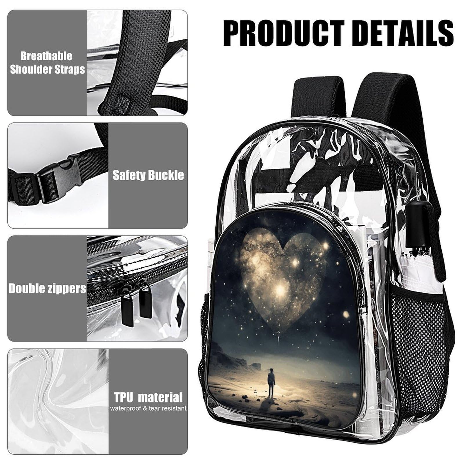 Transparenter Rucksack in Stern-Herzform, groß, transparent, PVC, Büchertasche für Sicherheit, Arbeit, Reisen, Stadion