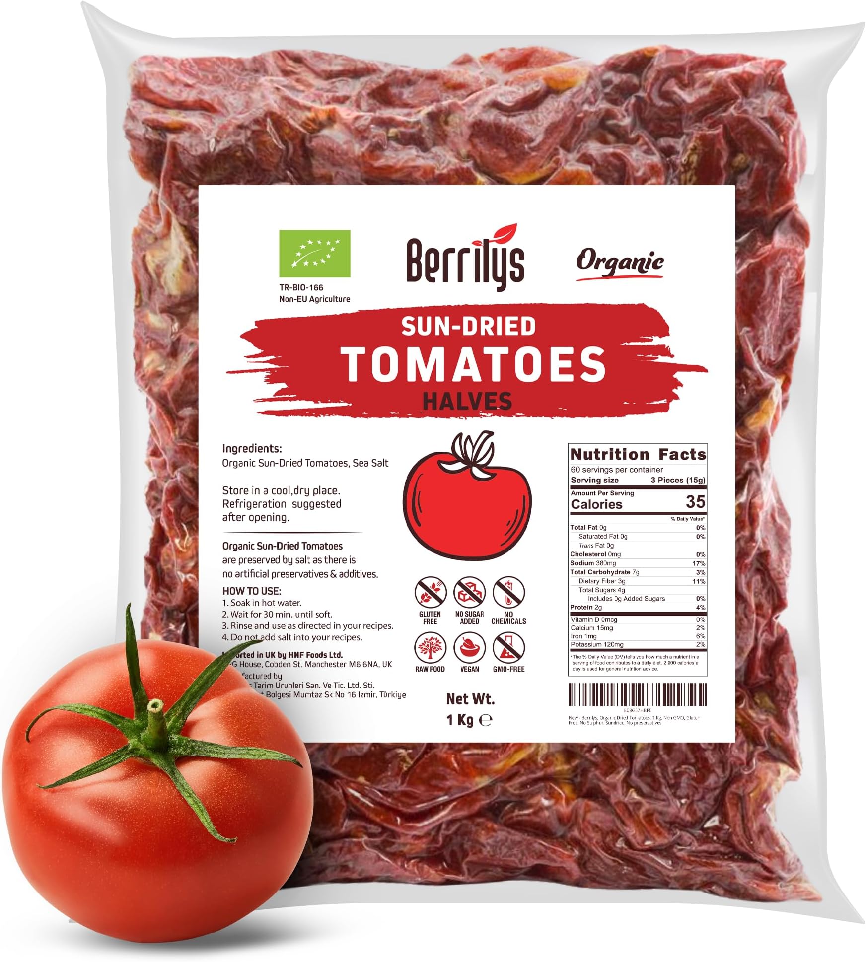 Organic Sun Dried Tomatoes, Non-GMO, Gluten-Free, No Sulphur, No Preservatives, Sun Blushed, Dry Tomato, Natural, Ideal for Cooking & Snacking (1 kg (Pack of 1), Halves)