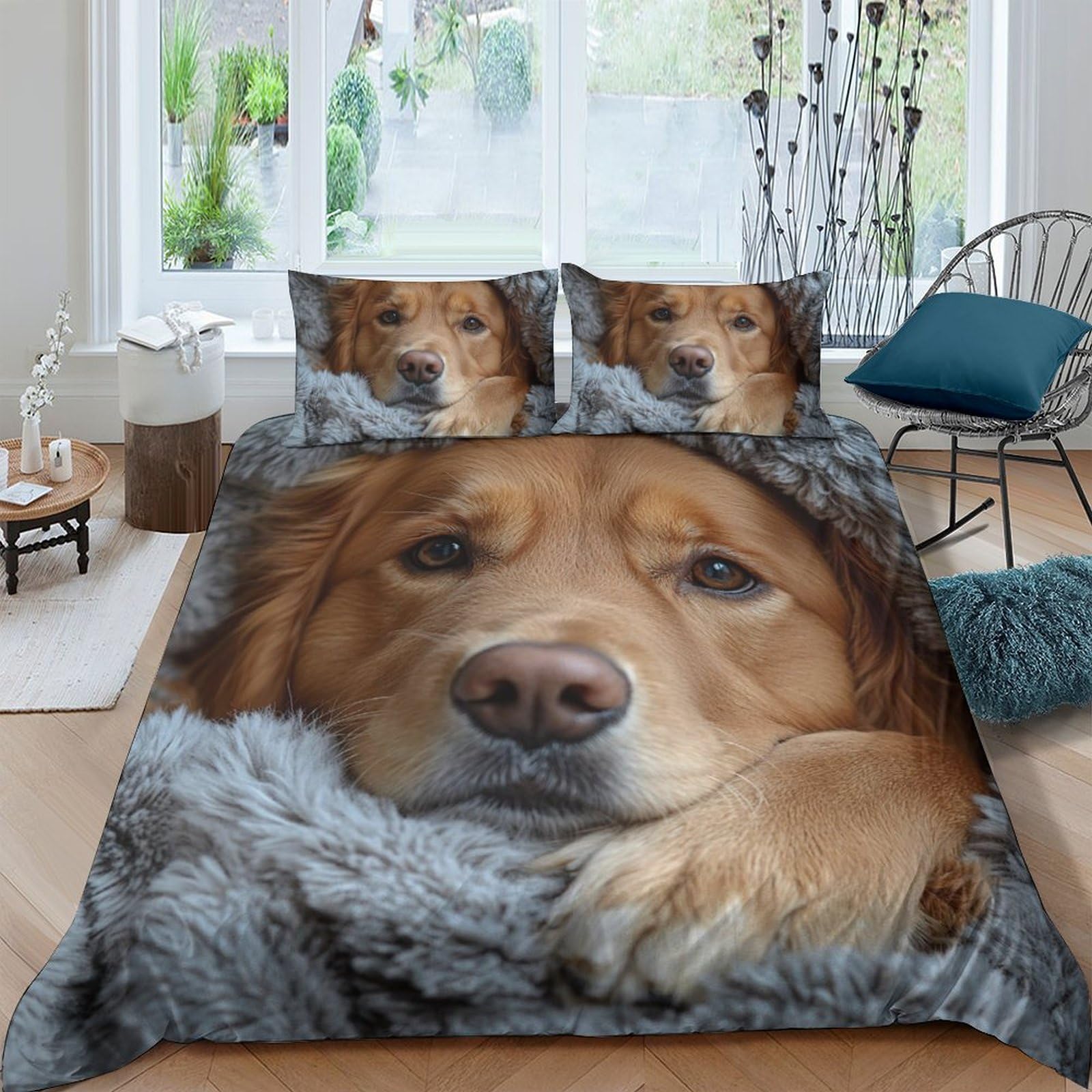 Ctjqhvkz Style-10 3D Printed Golden Retriever Fitted Sheet Microfiber Soft Plush Dog Face Mattress Cover For Bedroom Dorm Decor Single（135X200cm）