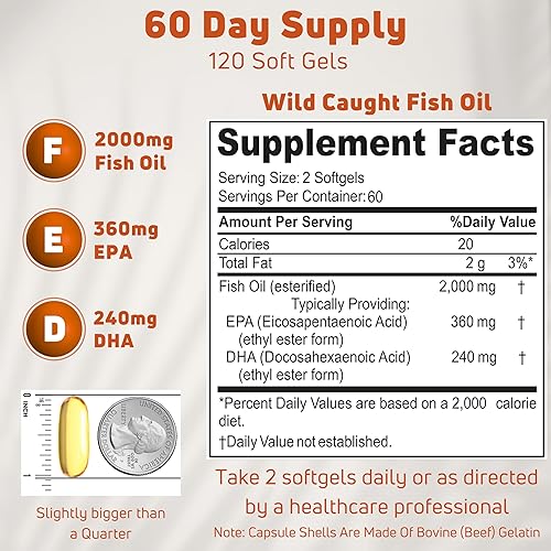 Miniatura 2 de Aceite de pescado Omega 3 de 2000 mg. Suplementos de aceite de pescado Omega 3 para apoyar la salud cardíaca, las funciones cerebrales y el sistema