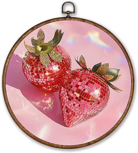 Voxitura Arte de pared de frutas de fresa y disco con marco redondo, decoración de pared de color rosa, lienzo femenino para habitación y cocina,