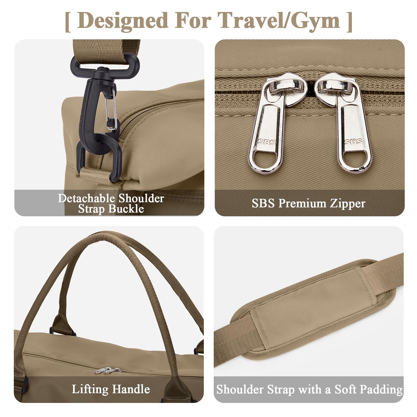 Borsone da Viaggio Donna con Scomparto per Scarpe, Bagaglio a Mano, Borsa Sportiva Grande per Palestra, Weekend e Ospedale - A12 Cachi