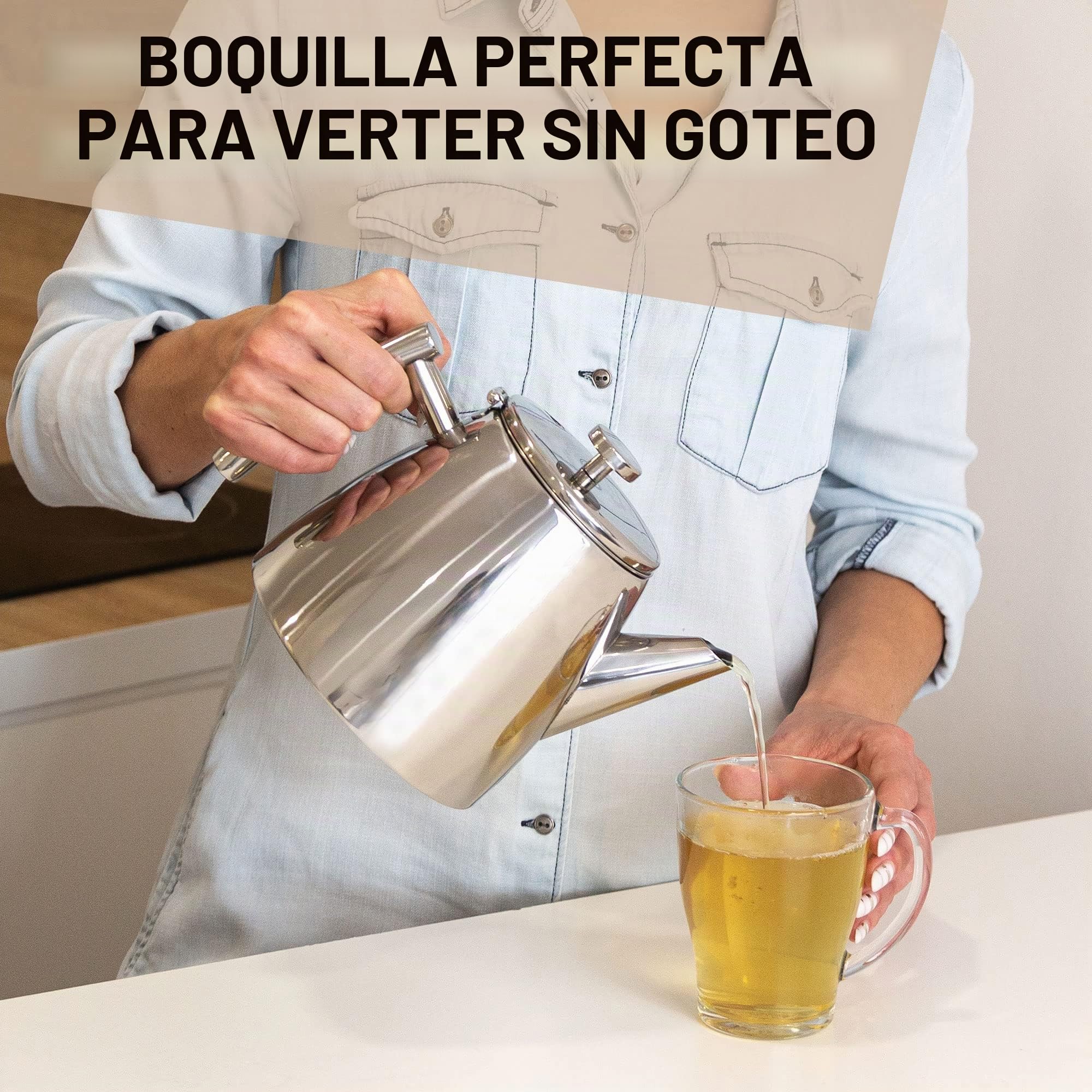Tetera de Acero Inoxidable VeoHome 1L con Infusor - Doble Pared Aislante para Conservar el Calor