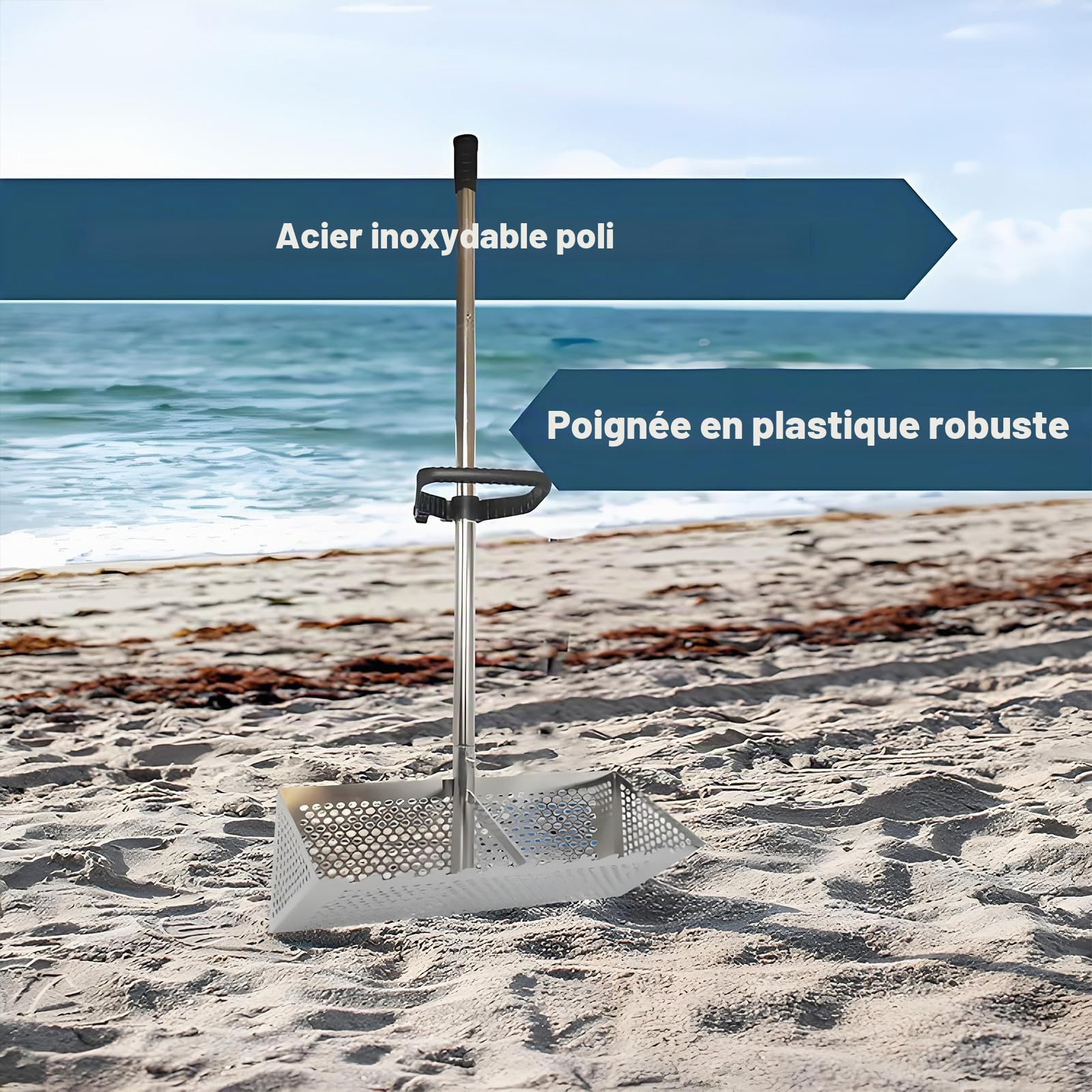Acier inoxydable Râteau de sable avec dents de requin et poignée longue - Outil de plage commercial pour coquillages/puces de sable, ratissage, lot de 4 pièces