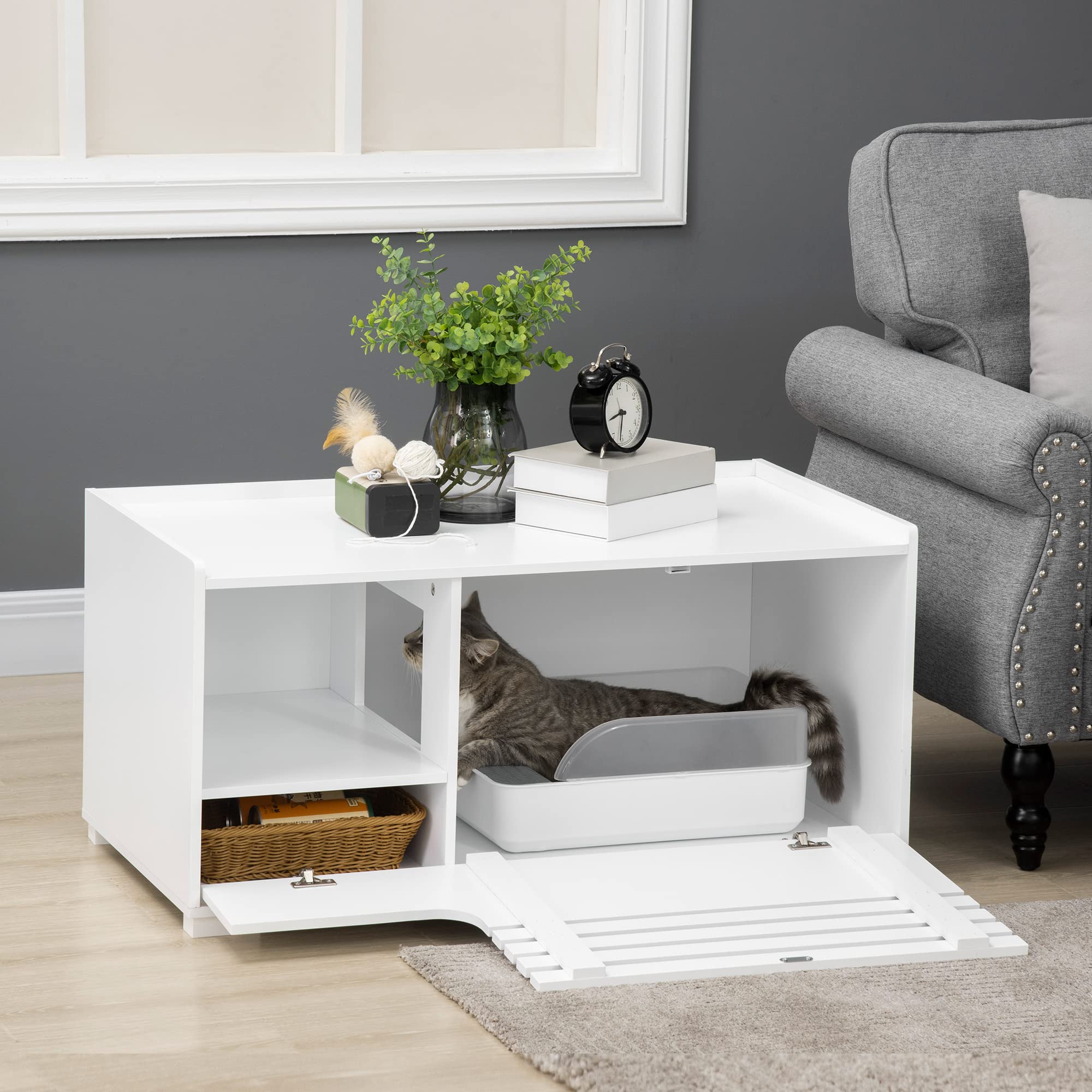 PawHut Armadietto per Gatti con Porta Magnetica, Design Rialzato, MDF, Bianco, 90 x 48 x 42,5 cm