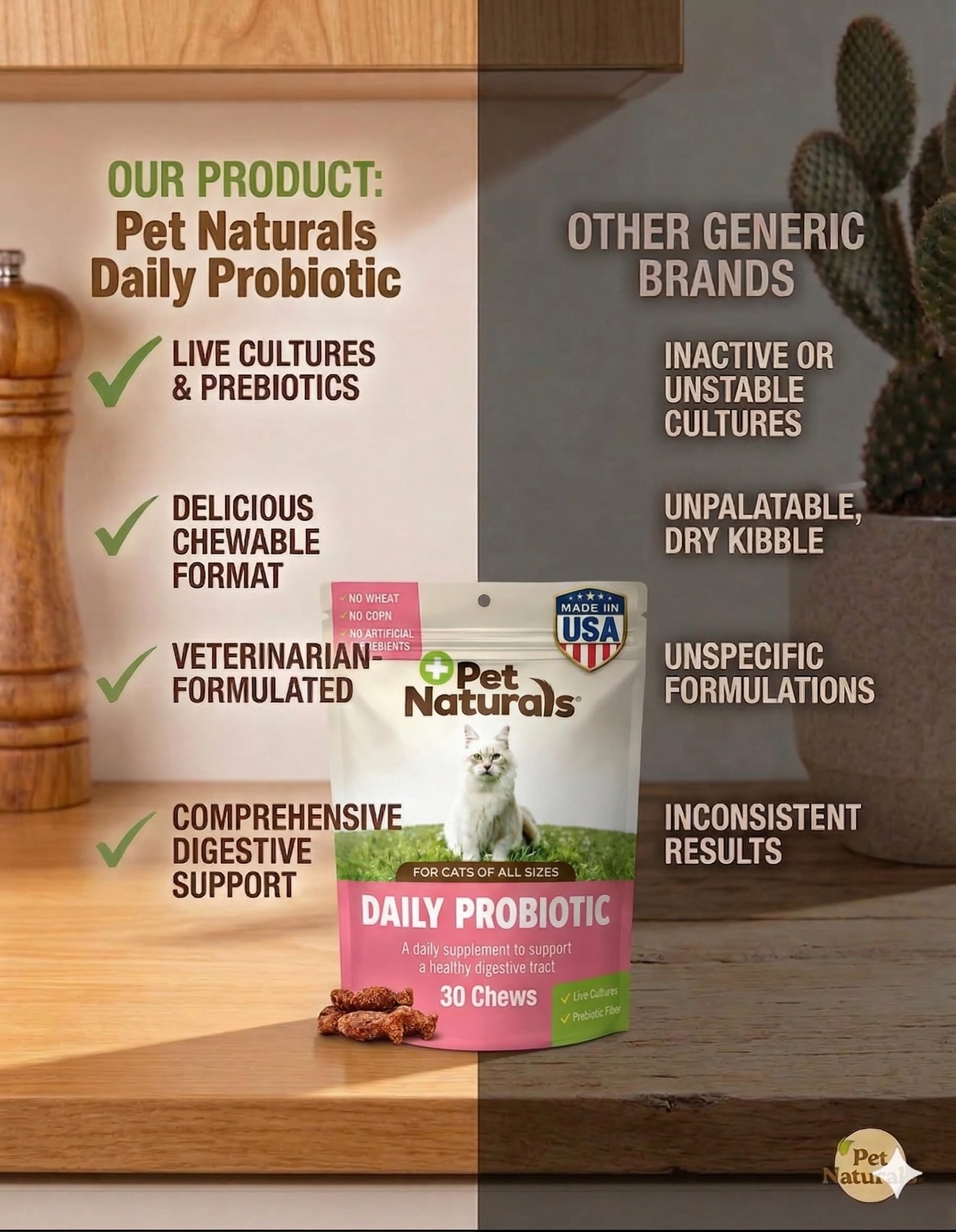 Pet Naturals Probiótico Diario para Gatos, 30 masticables, suplemento de Apoyo digestivo e inmunológico para Gatos