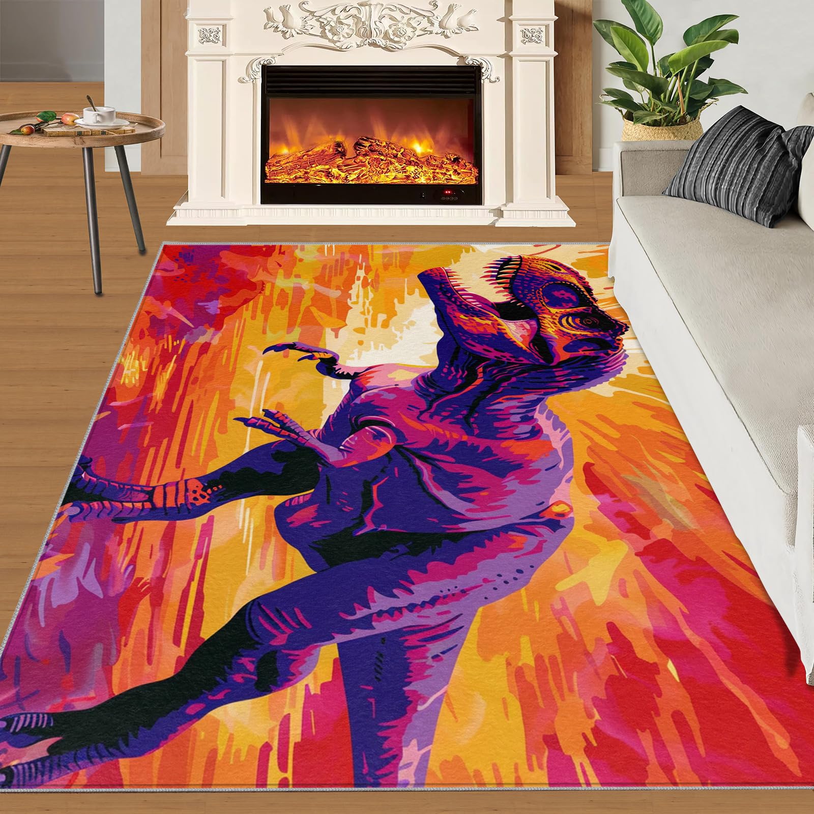 SANSJI Dinosaur Rugs living Room - 200 x 290, Jungle Animals Dino Rugs for Bedroom, Stain Resistant Washable Non Slip, Purple Dinosaur Theme, Abstract Orange Design, Soft Low Pile Rectangle Carpet