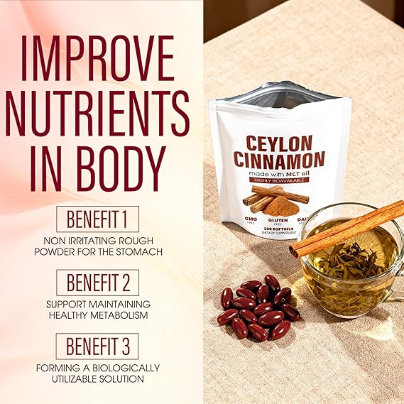 Ceylon Cinnamon Capsules, Ceylon Cinnamon 7200mg Equivalent with MCT Oil, Highly Bioavailable Herbal Extract | Non-GMO, Gluten Free, 300 Softgel(1)