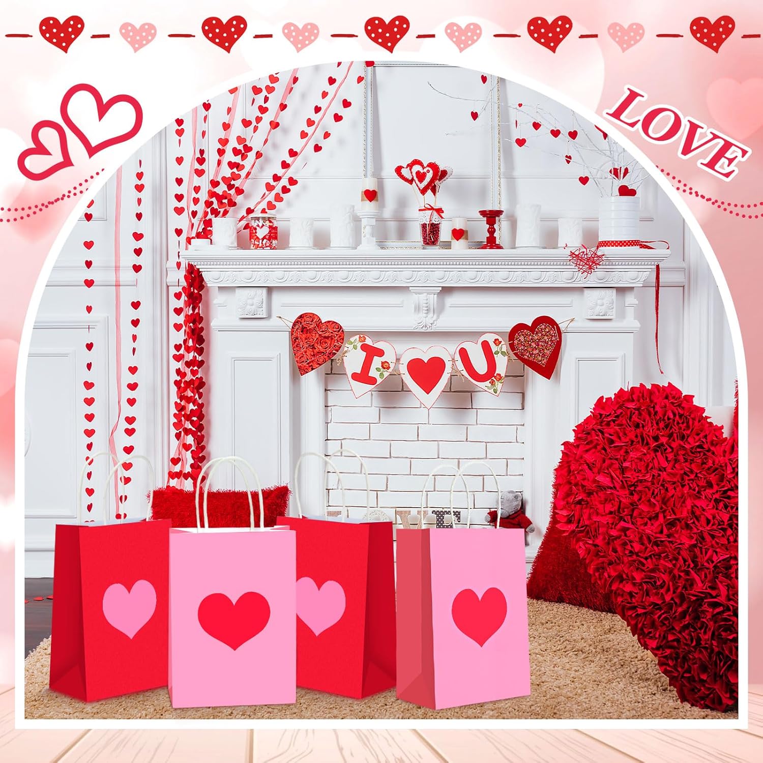 Engrowtic 48 Pcs Valentine's Day Heart Gift Bags Bulk with Handle Red and Pink Kraft Paper Wrapping Bag Galentines Heart Shaped Goodie Candy Gift Bags for Wedding Party Favors Supplies