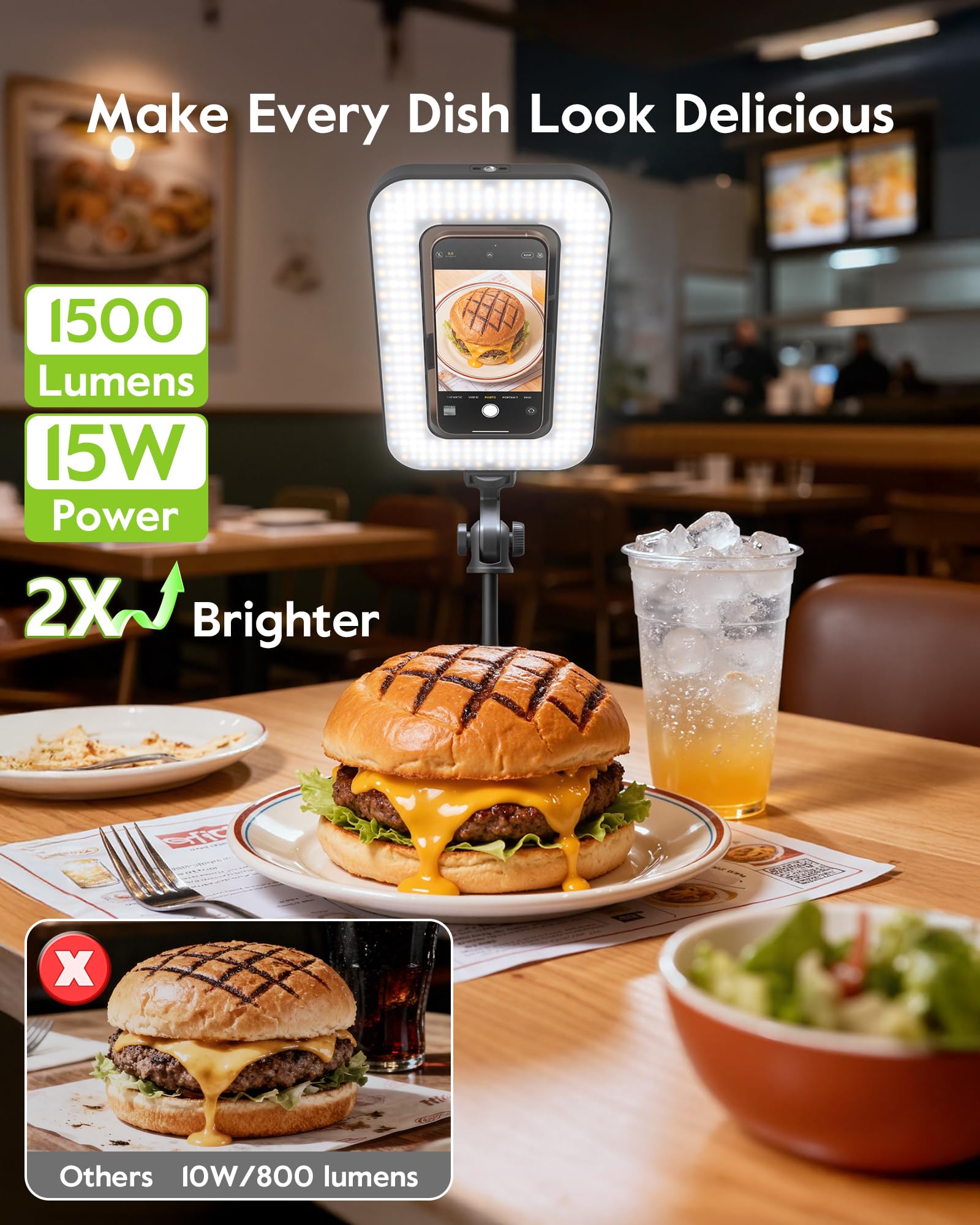 15W Ringlicht mit Stativ, 6000mAh Magnetisches Handy Stativ mit Ringlicht, 2500K–9000K Dimmbar, Tragbares Ring Light für Food Fotografie, Mukbang, Reise Vlog, Live-Stream, CRI＞95