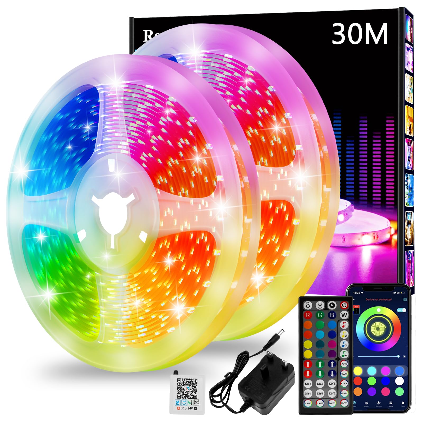 Realky Led Strip Light, 30m Led Lights, Cuttable Led Light Strips with Smart App Control Remote, Music Sync Colour Changing RGB Led Strip Lights for Room DecorationEnergy Label