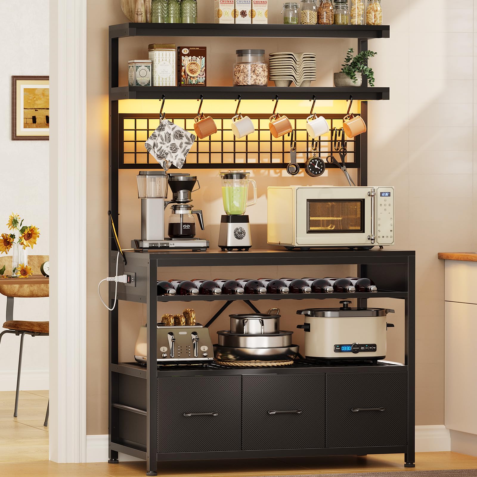 Itaar Bakers Rack with Storage Drawers, Microwave Stand with Power Outlet and LED Lights, 35.4 inch Coffee Bar Cabinet with Hutch, Wine Rack and Hooks for Kitchen, Living Room, Black