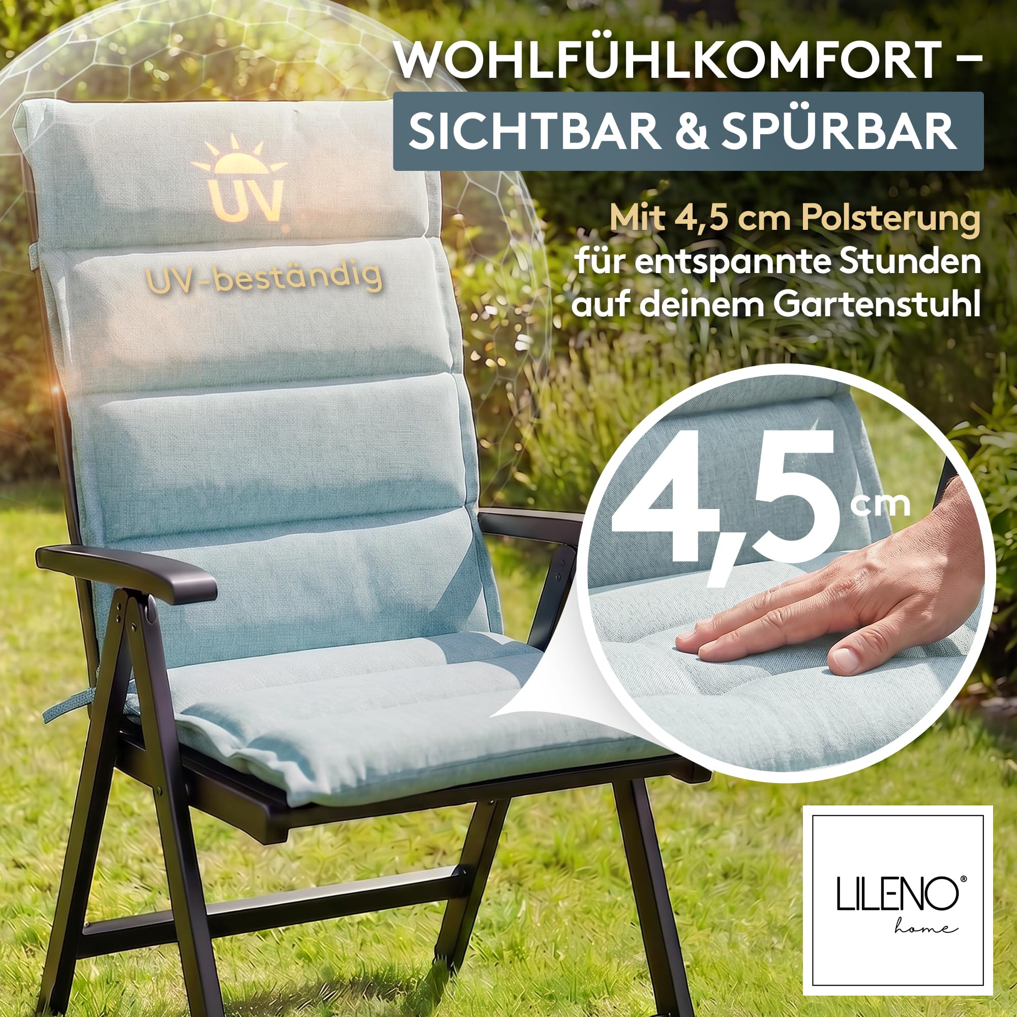 LILENO HOME Gartenstuhl Auflagen als [2er Set - Hochlehner] in Petrol - Bequeme Liegen als Sitzauflagen für Gartenmöbel - Stuhlkissen für Gartenstühle und Klappstühle