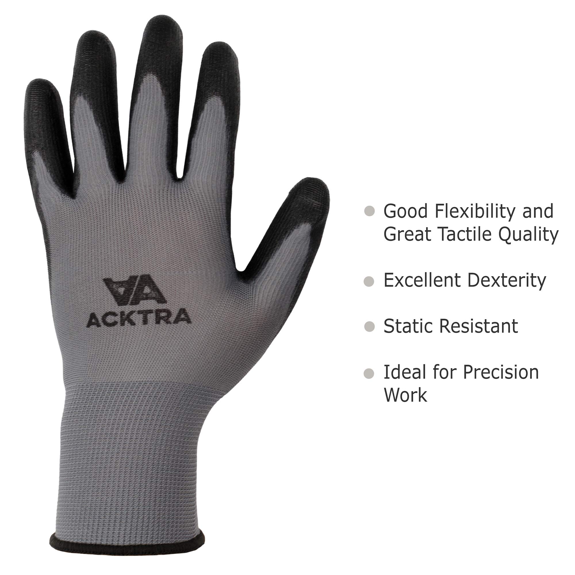 ACKTRA Guantes de trabajo de seguridad de nailon ultrafino (PU), 12 pares, puños de punto, para trabajo de precisión, para hombres y mujeres, WG002 gris poliéster, poliuretano negro, pequeño