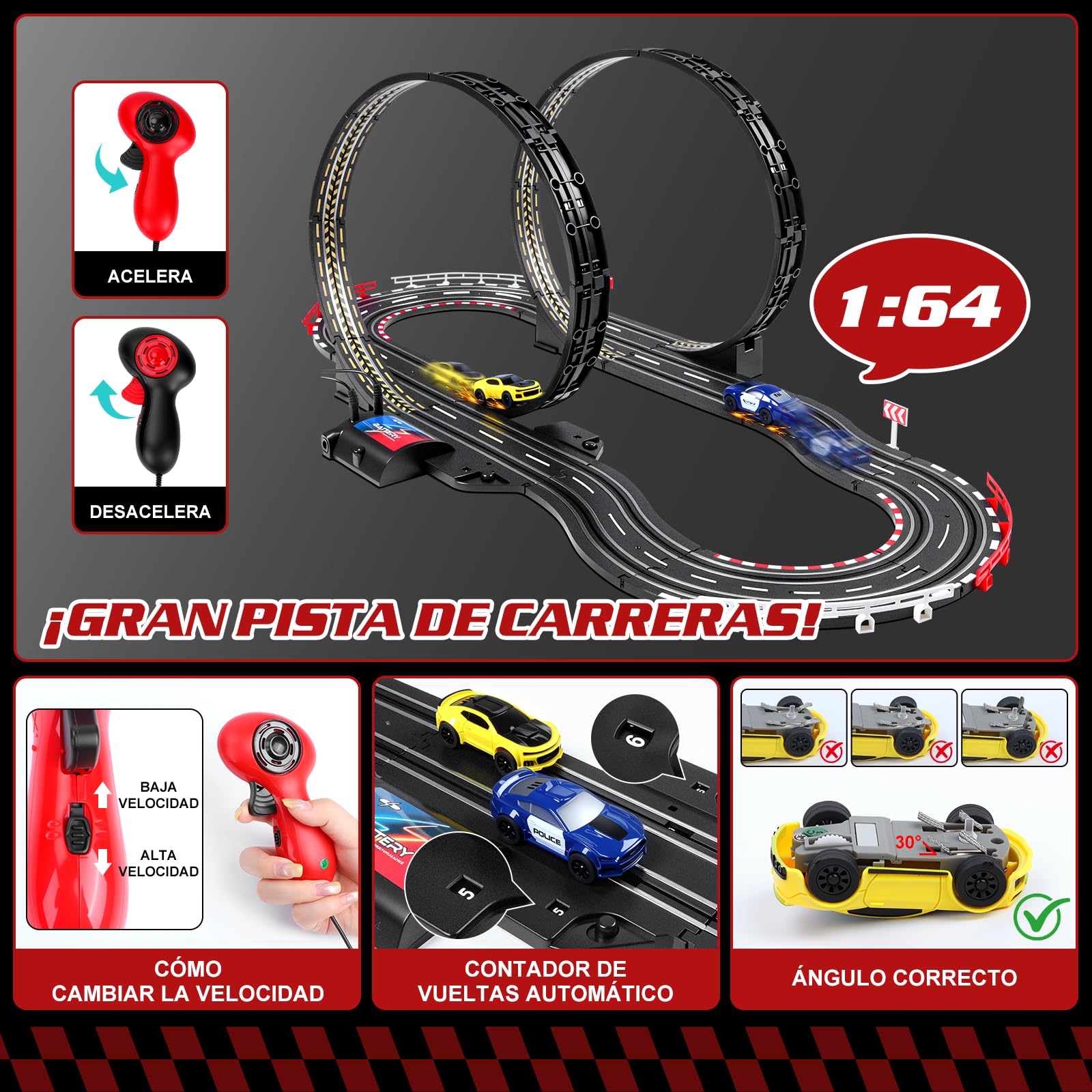 JONRRYIN Pista Carreras Electrica, Pista De Coches para Niños 1:64 Circuito Coches Pista Carreras Niños 3+ Años Juguete Regalos - 2 Coches, Bucle 360°, Contador Vueltas (308CM)