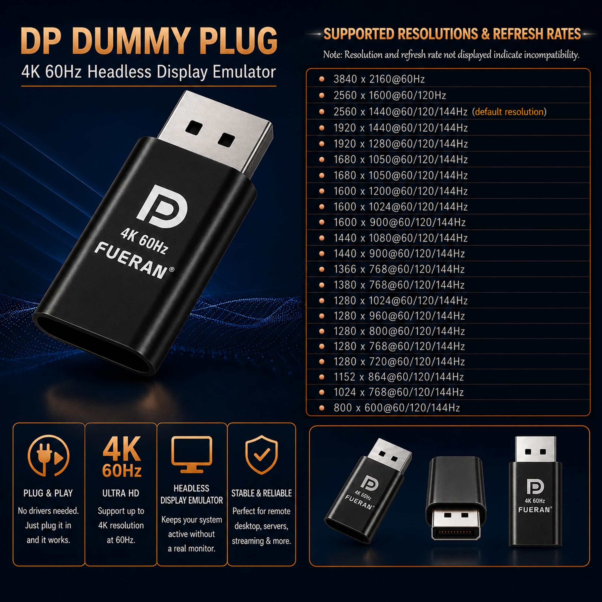 4K60Hz HDR DP Dummy Plug, 3840 x 2160 @ 60 Hz 1440P 120/144Hz 1080p 120/144/240Hz Virtual Display Emulator, displayport Dummy Plug, adapter wyświetlacza Headless Ghost, monitor EDID (3, czarny)