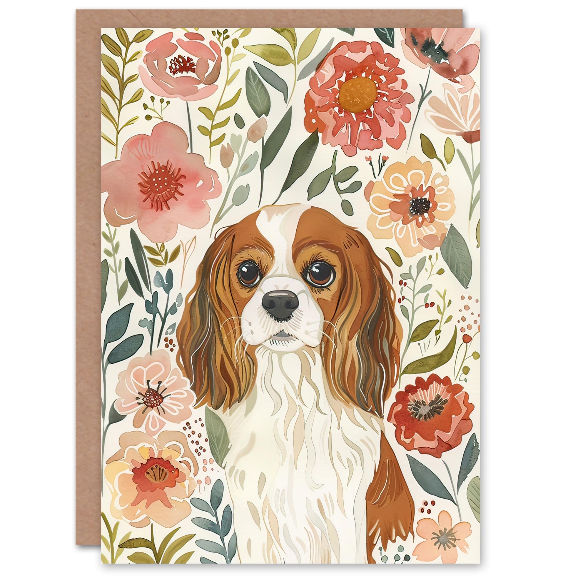 Artery8 Greeting Card Cute Cavalier King Charles Spaniel in Wildflowers For Her Woman Birthday Card