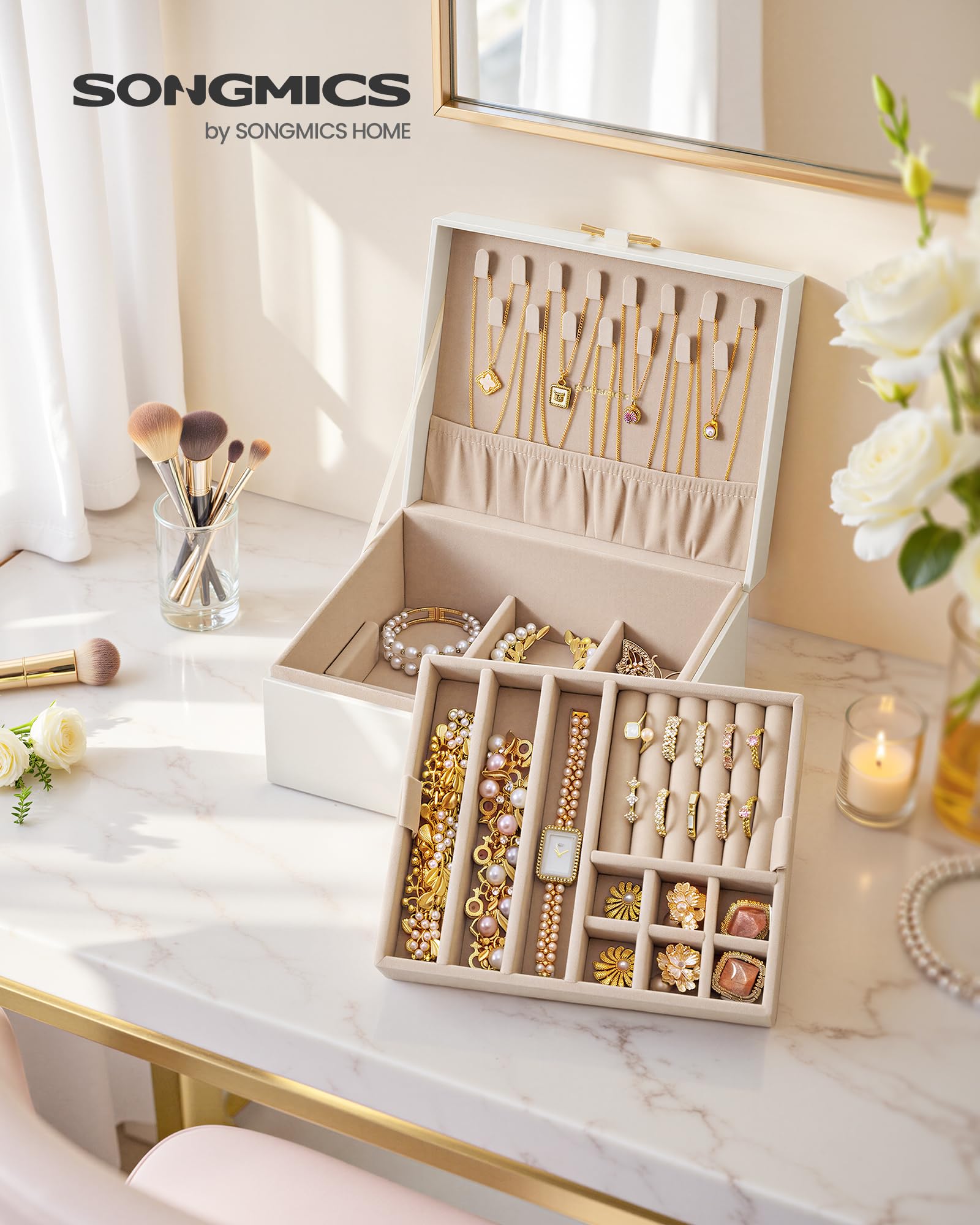 SONGMICS Caja Joyero, Organizador de Joyas de 2 Niveles con Bandeja Extraíble y Asa, para Collares, Pendientes y Anillos, 17 x 20,5 x 9,5 cm, Ideal para Regalo, Blanco Crema JBC208WD01