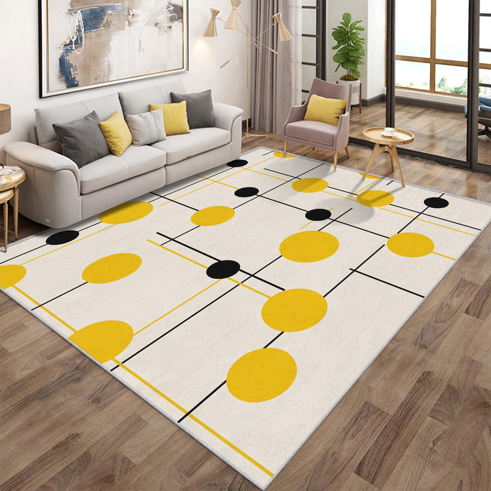 Tapis de salon antidérapant lavable en machine 140x200cm noir jaune