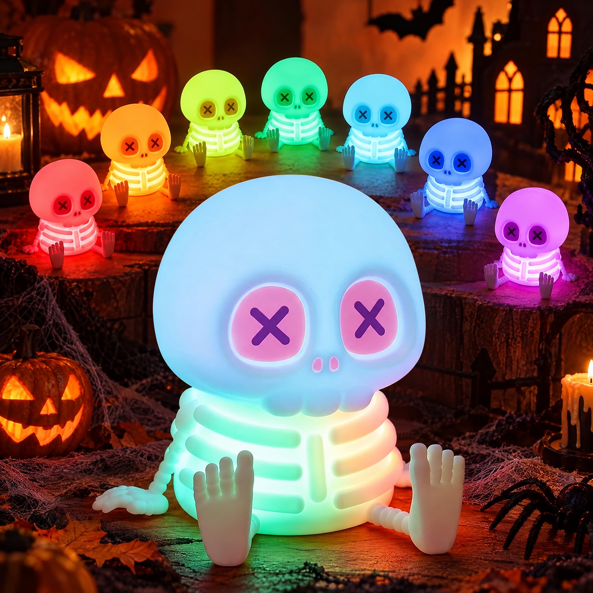 FAMIDUO Skull Lamp,Halloween Decor Gift,8-Color Touch Silicone Night Light