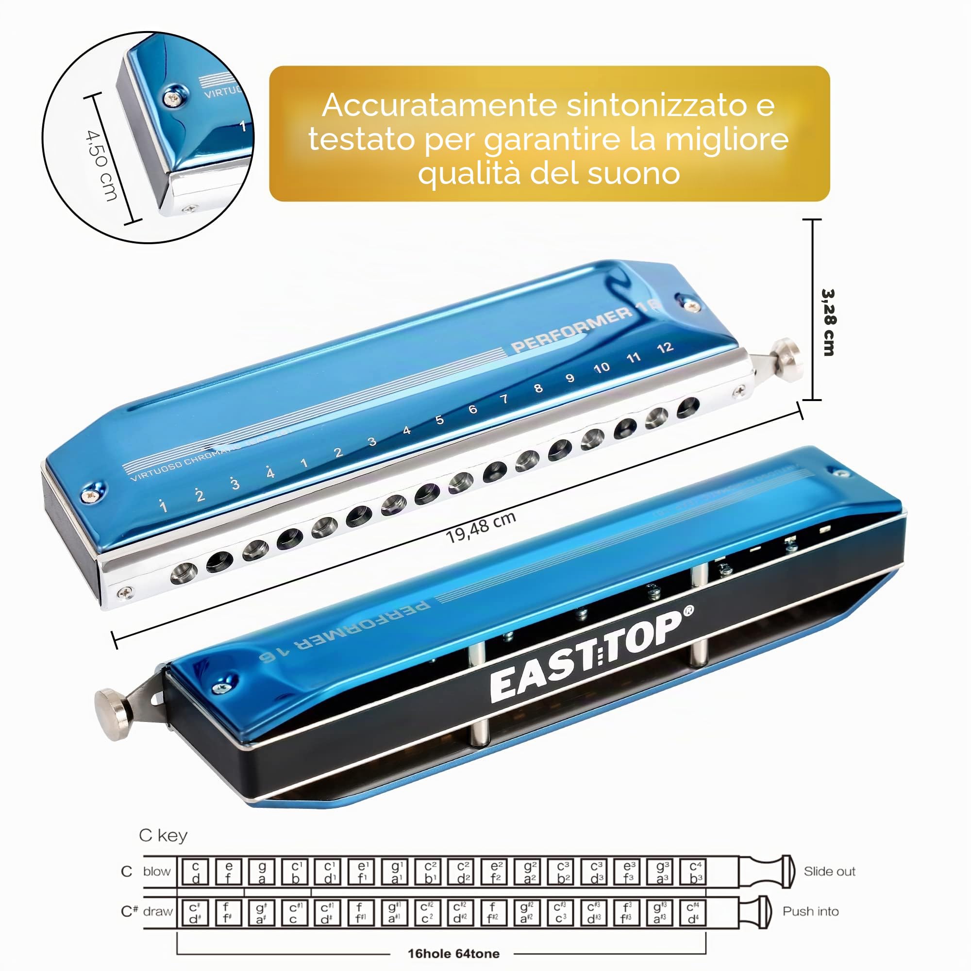 East Top Upgrade Armonica cromatica Chiave di Do ， 16 fori 64 toni Armonica professionale per adulti, studenti e amanti dell'armonica con coperchio blu (EAP-16)