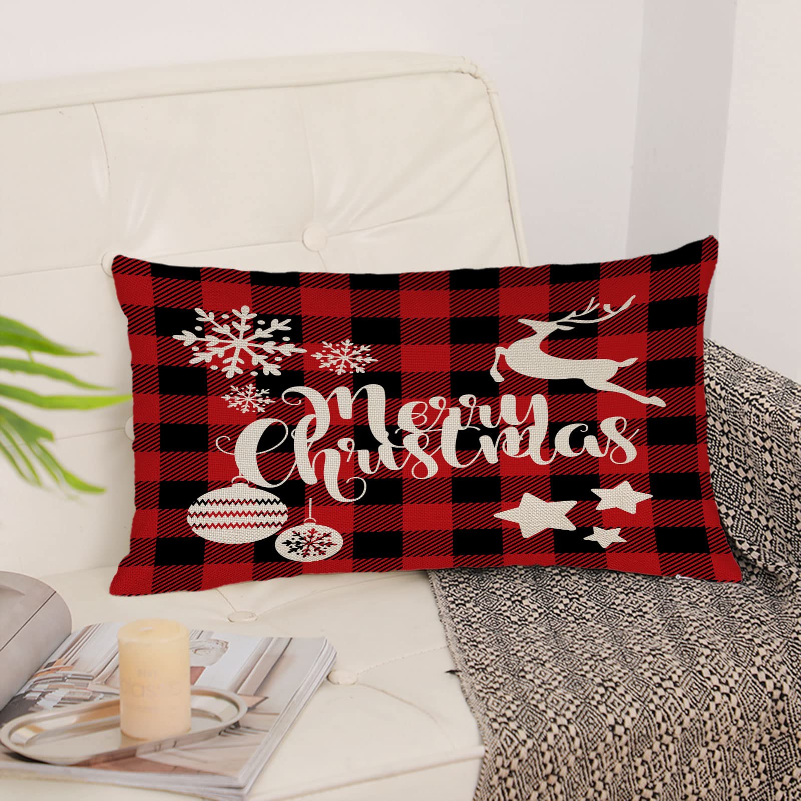 Fundas De Almohada Rojas Y Negras De Búfalo A Cuadros Navideñas De 12 X 20 Pulgadas, Fundas De Almohada Con árboles De Navidad, Fundas De Almohada De Merry Christmas, Fundas De