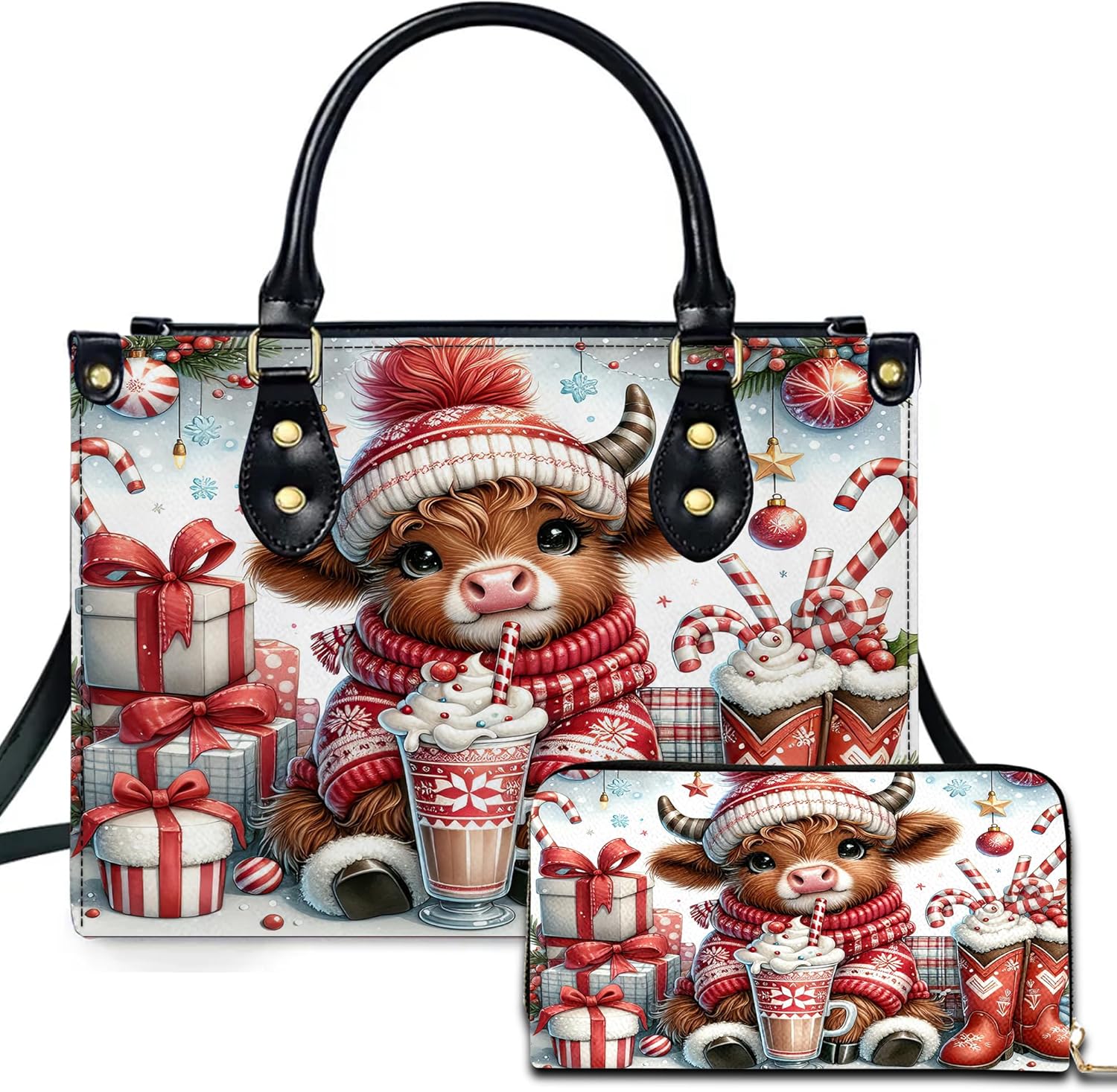 Highland Cow Leather Handbag Custom Cow Purse for Women Country Farm PU Leather Tote Gift for Farmers Girls Mom Gift (Christmas 03)