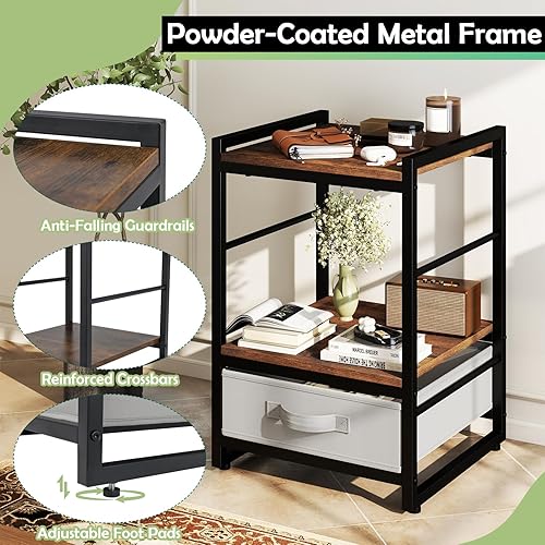 Miniatura 4 de Giantex Juego de 2 mesitas de noche industriales, mesita de noche rústica con cajón de almacenamiento y estante abierto, mesa auxiliar pequeña de 16