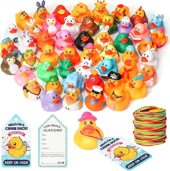 Zicotour 100 Pieces Cruise Duck Kits Included 30 Rubber Ducks with 30 Cruising Duck Tags and 40 Bands, Assortment Rubber Ducks for Cruise Ships Hiding