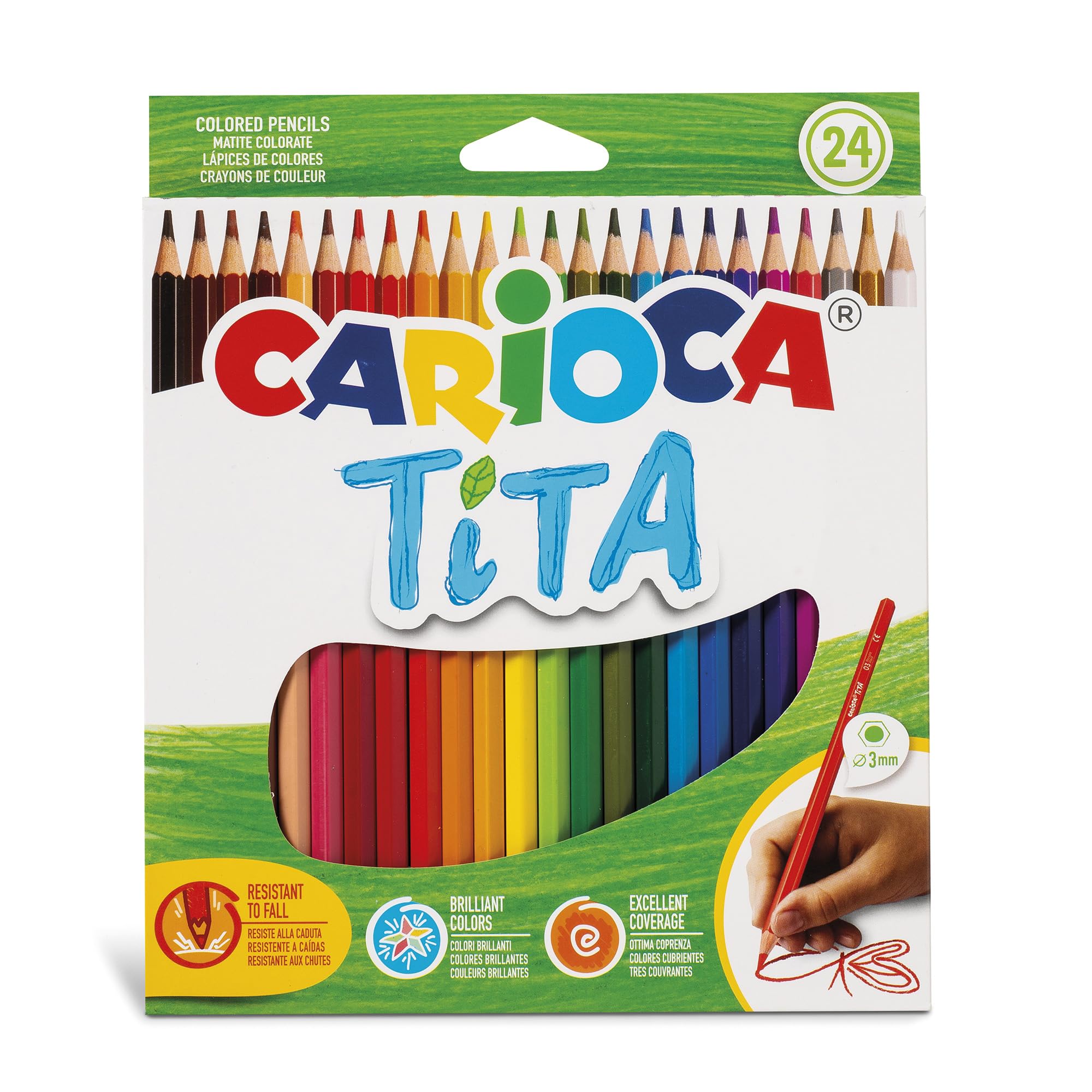 CARIOCA Colour Pencils, Tita Coloured Pencils - Bright and Washable Colours, Extra Strong Lead Ø 3mm, Smooth Writing, Hexagonal Body (Box of 24 Coloured Pencils)