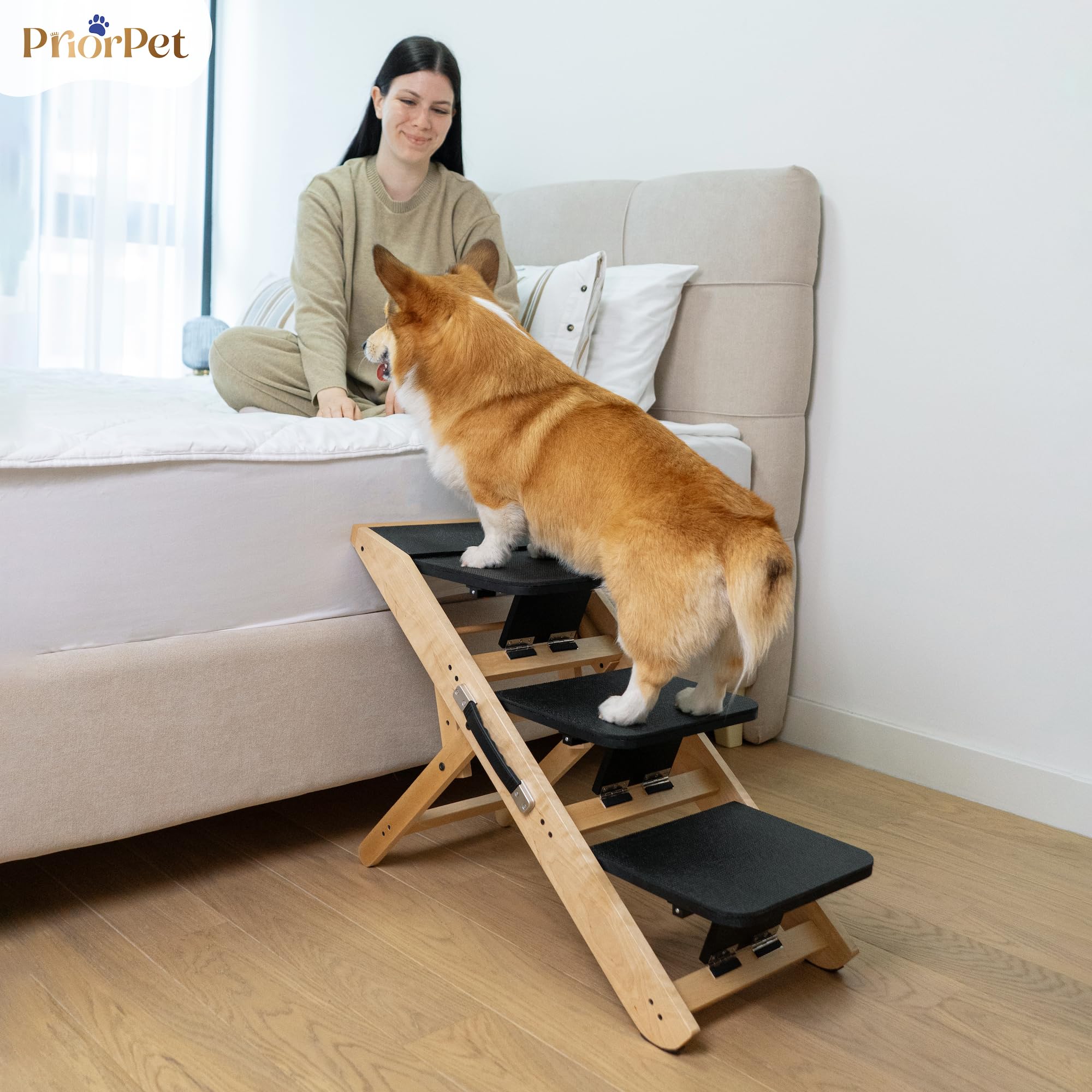 Escalones y Rampa para Perros 2-en-1 - Escalera/Rampa Ajustable en Altura para Sofá 18-50 cm - Escalones para Mascotas, Escalones para Perros Pequeños - con Plataforma de Aterrizaje, Natural