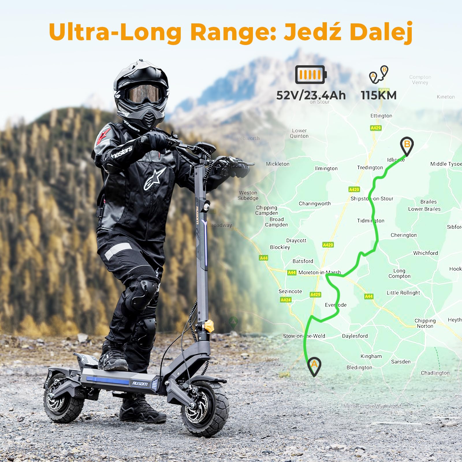 Ausom DT2 Pro Hulajnoga elektryczna dla dorosłych, akumulator 23,4 Ah 52 V, zasięg 100–115 km, koła terenowe 10x3,0", składana hulajnoga elektryczna