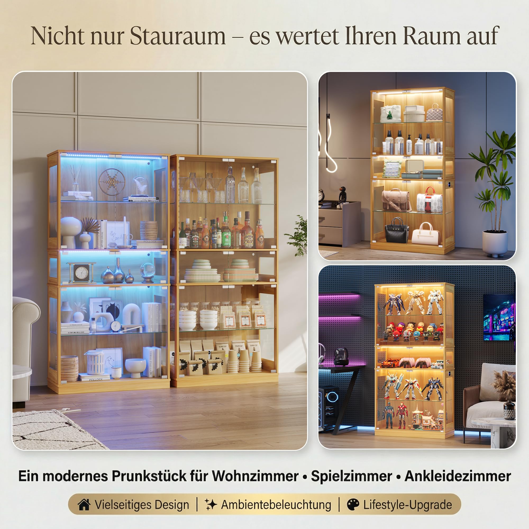 ZKIODV Glasvitrine mit LED Beleuchtung, 5-Lagen Vitrinenschrank Glas Stehend, Holz Vitrine mit Intelligente Sensorik, Sammlervitrine Staubdicht für Wohnzimmer Schlafzimmer Büro - 165x80 cm (Eiche)