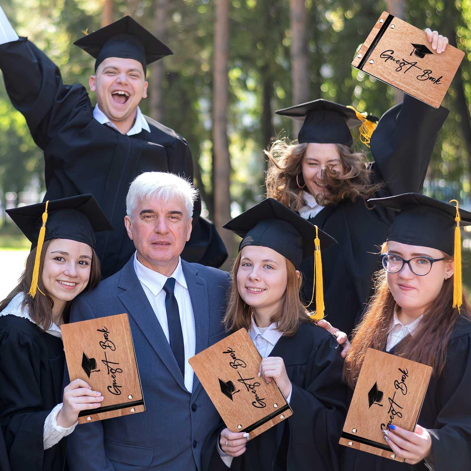 Frienda Gästebuch aus Leder mit Signierstift, Abschlussfeier, Partyzubehör, Abschlussgäste, Unterschriftenbuch 2024 Grad, Partyschild im Gästebuch für Uni, High School (braun)