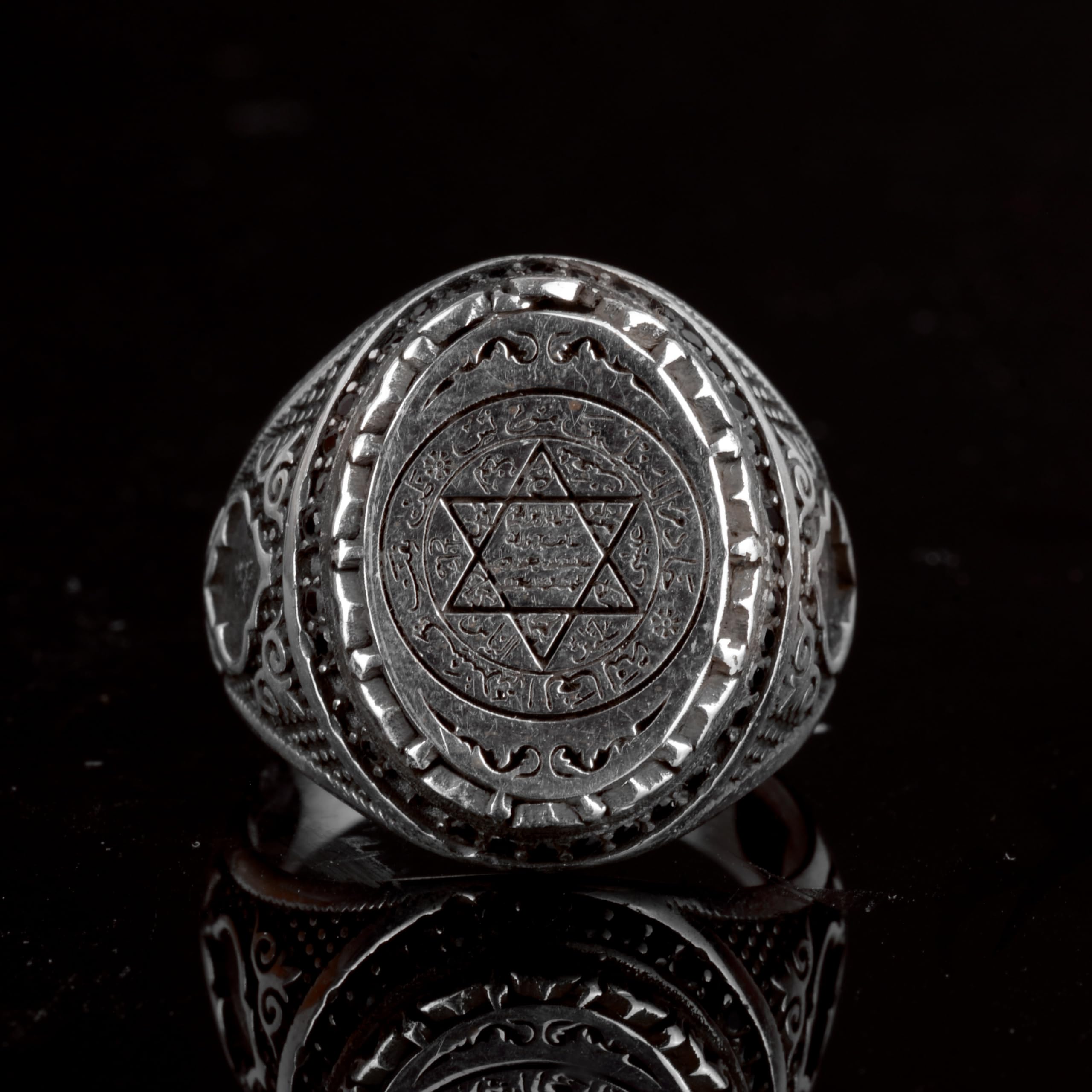 KAMBO Anillo islámico de plata de ley para hombre, sello grabado con sello de Salomón, anillo grande vintage hecho a mano, piedra preciosa de plata, ónix