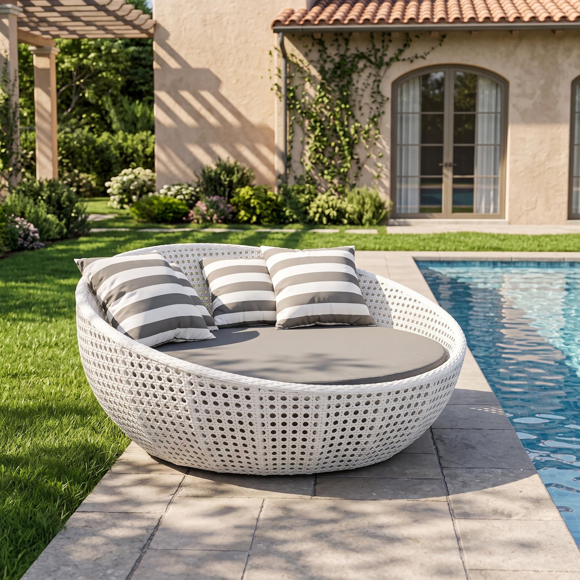 BRISHI Outdoor/Pool Side/Garden/Balcony/Porch/Backyard/Terrace/Patio/Beach/Sofa Sunbed Wicker and Rattan Daybed (White/Black)