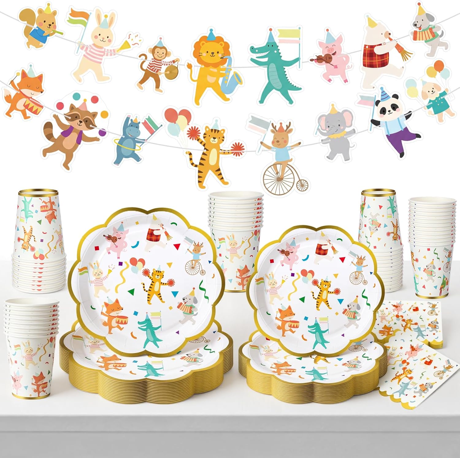 Yungyan 82 Pcs Safari Animal Parade Party Supplies Plates Set Including 9 Inch and 7 Inch Paper Scalloped Plates Cute Disposable Napkins 9oz Paper Cup Animal Parade Banner Set for Birthday Decor Party