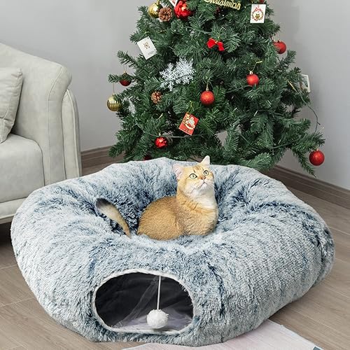 AUOON Cama túnel para gatos con alfombrilla central, juguetes de tubo grande, material de felpa suave, forma de luna llena para gatitos, gatos,