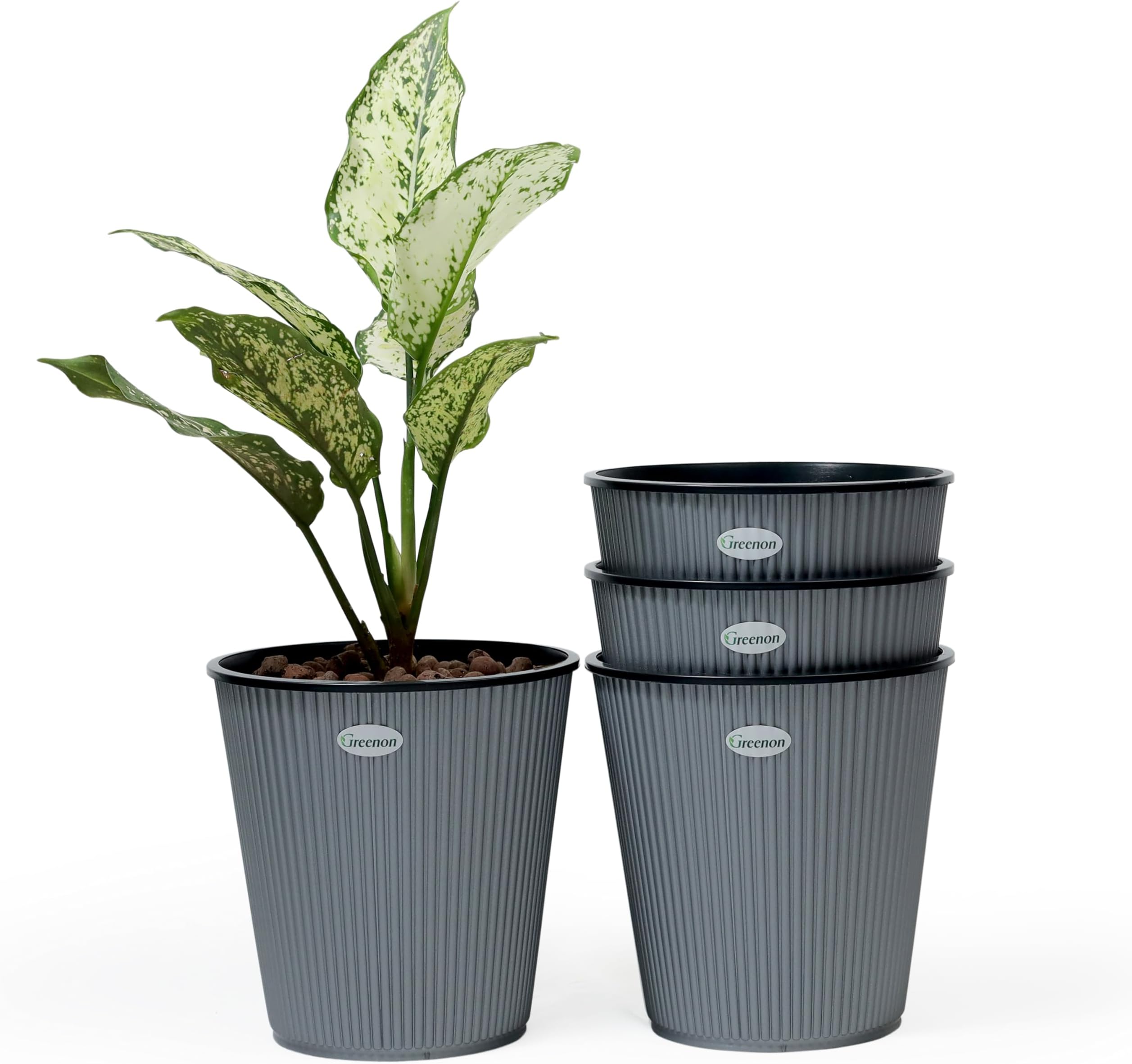 GREENON® 7 Inch Plant Pot Pack of 4 (8 Pots) | Grey Outer and Black Inner Planter | Self Water | UnFadable Flower Pot | Virgin Plastic Gamla | UV Treated | for Indoor and Balcony