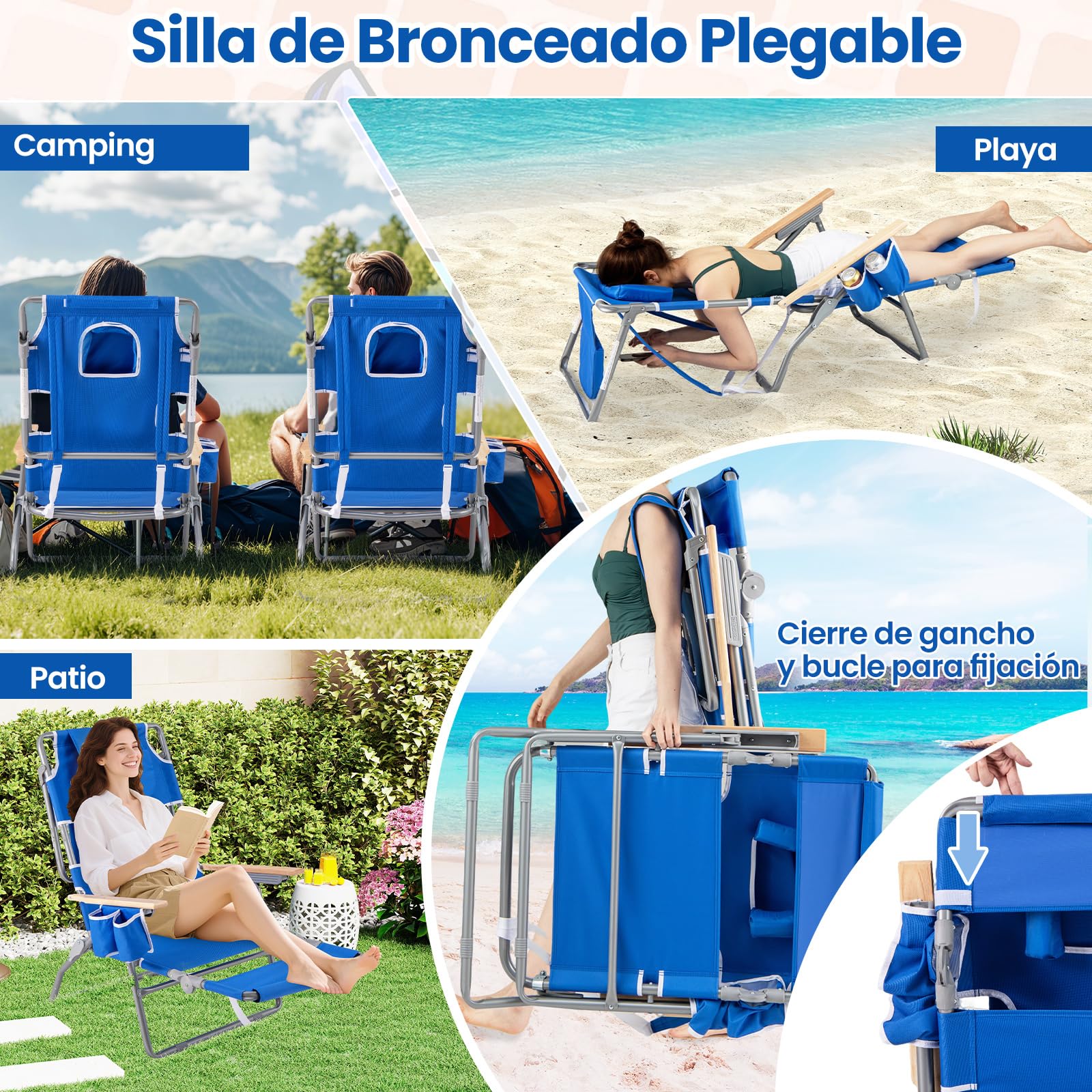 GOPLUS Silla de Playa Reclinable 4 Positions con Reposapiés, Tumbona Plegable de Piscina con Agujero para Cara, Respaldo Ajustable, Bolsillos,Toallero, hasta 150 kg, 66 x 100x 98 cm(Azul Marino)