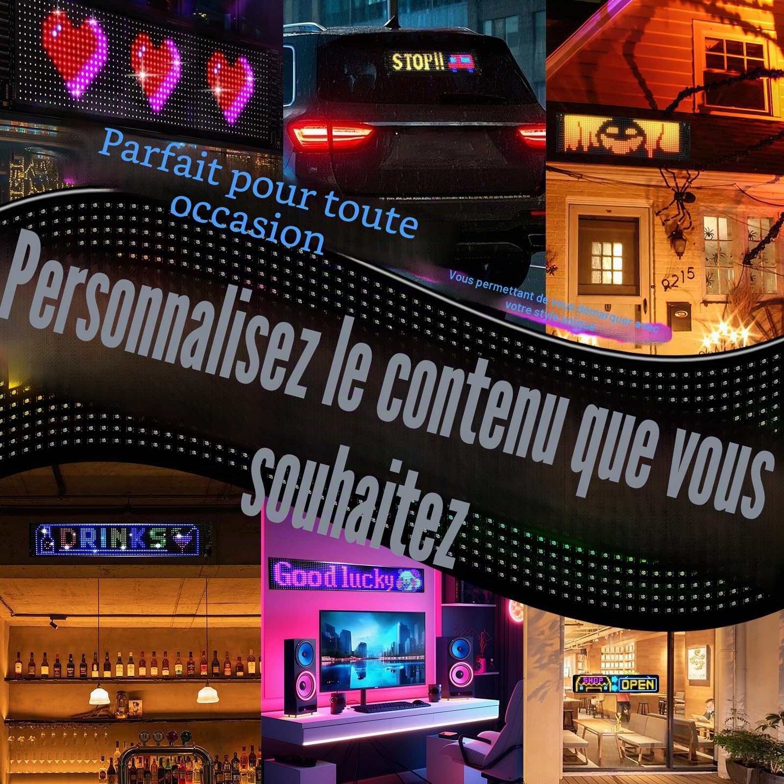 Yeux LED pour Camion et Voiture, Lampes Devil Eyes pour Auto, Affichage LED Flexible et Programmable, Écran Défilant Personnalisé pour Publicité et Signalisation (2pièces 60x12cm)