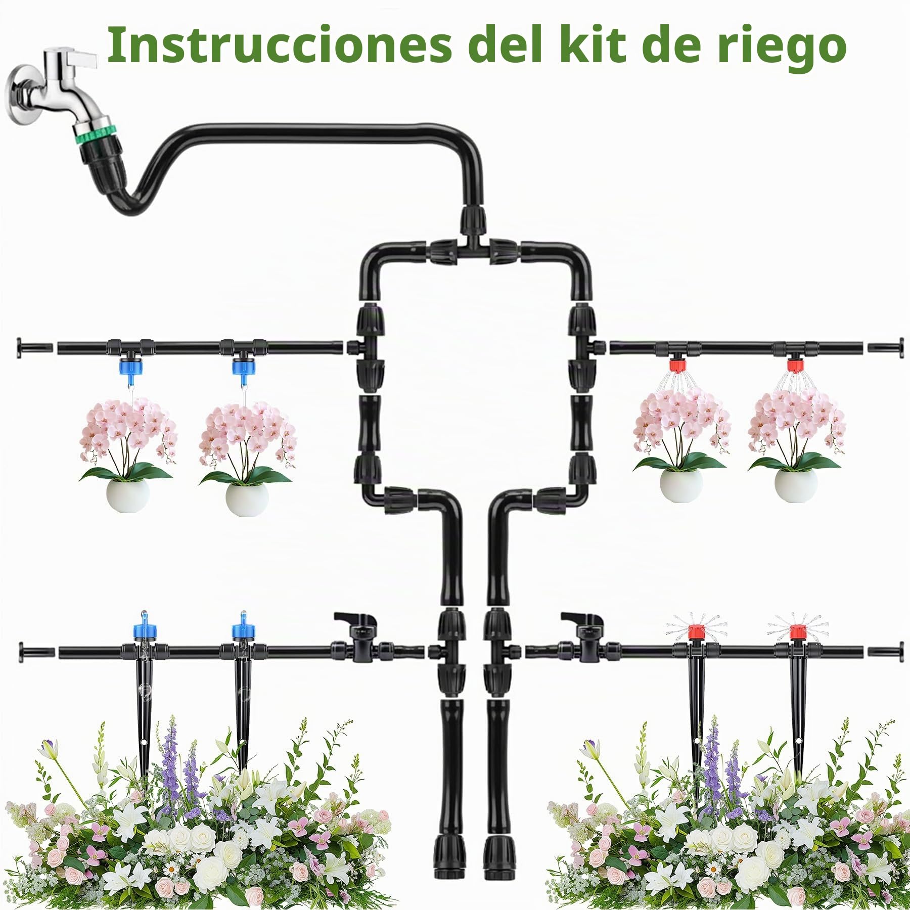 Kit de Riego por Goteo 101 Piezas con Compensación de Presión, Tubos 15m PVC+PE+PP, 4 Modos, para Jardín Huerto Serre