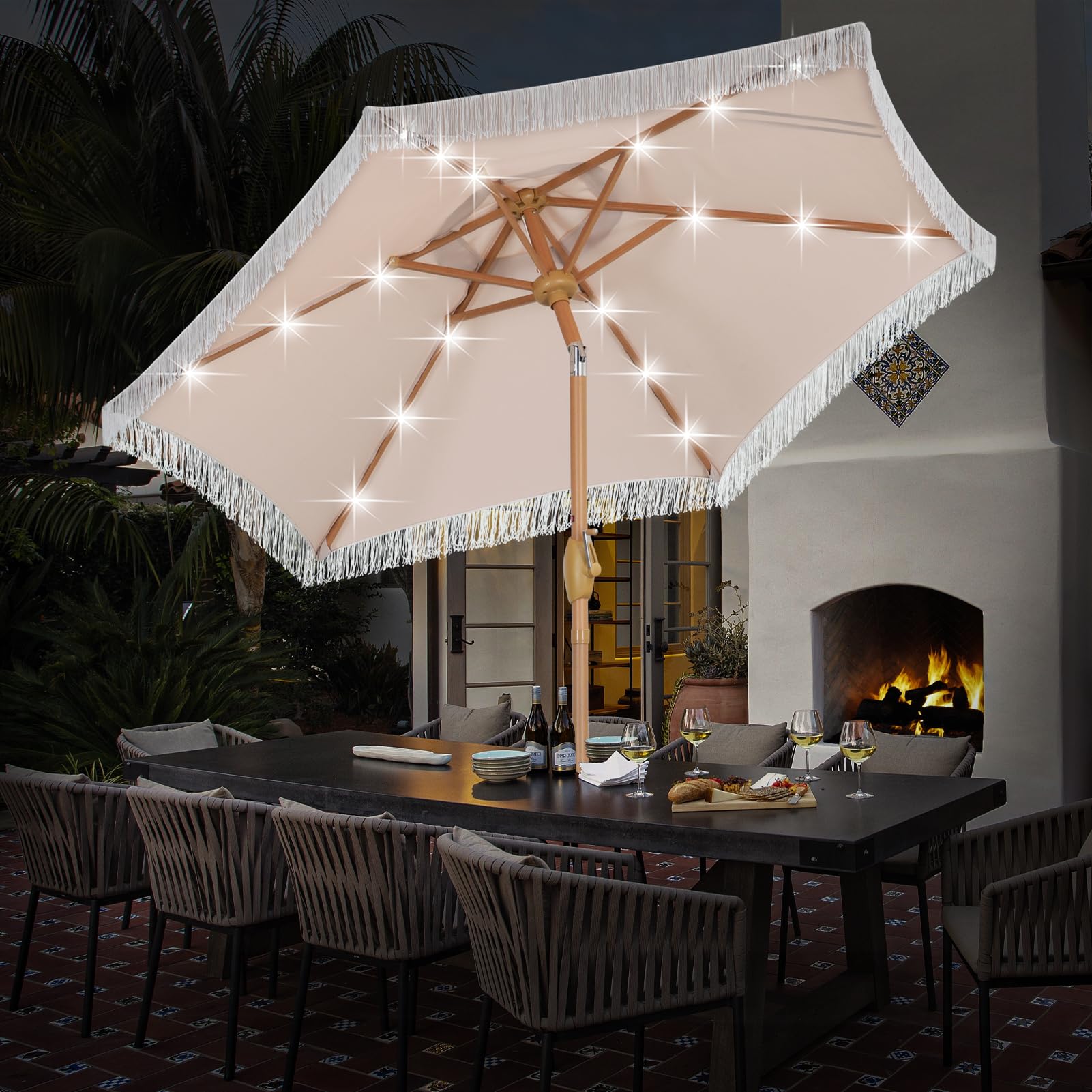Wonlink 7.5 FT Patio Umbrella with Fringe and 18 LED Lights, Outdoor Tassel Beach Umbrella, Table Market Umbrellas with Crank
