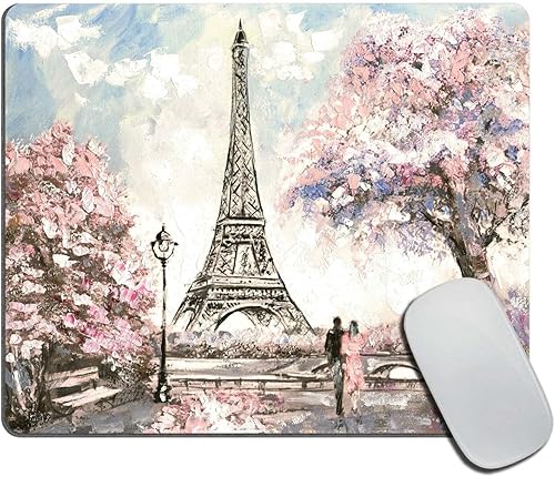 Alfombrilla de mouse rectangular París Torre Eiffel, amante romántico, diseño personalizado con textura de flor rosa, alfombrilla de mouse lavable,