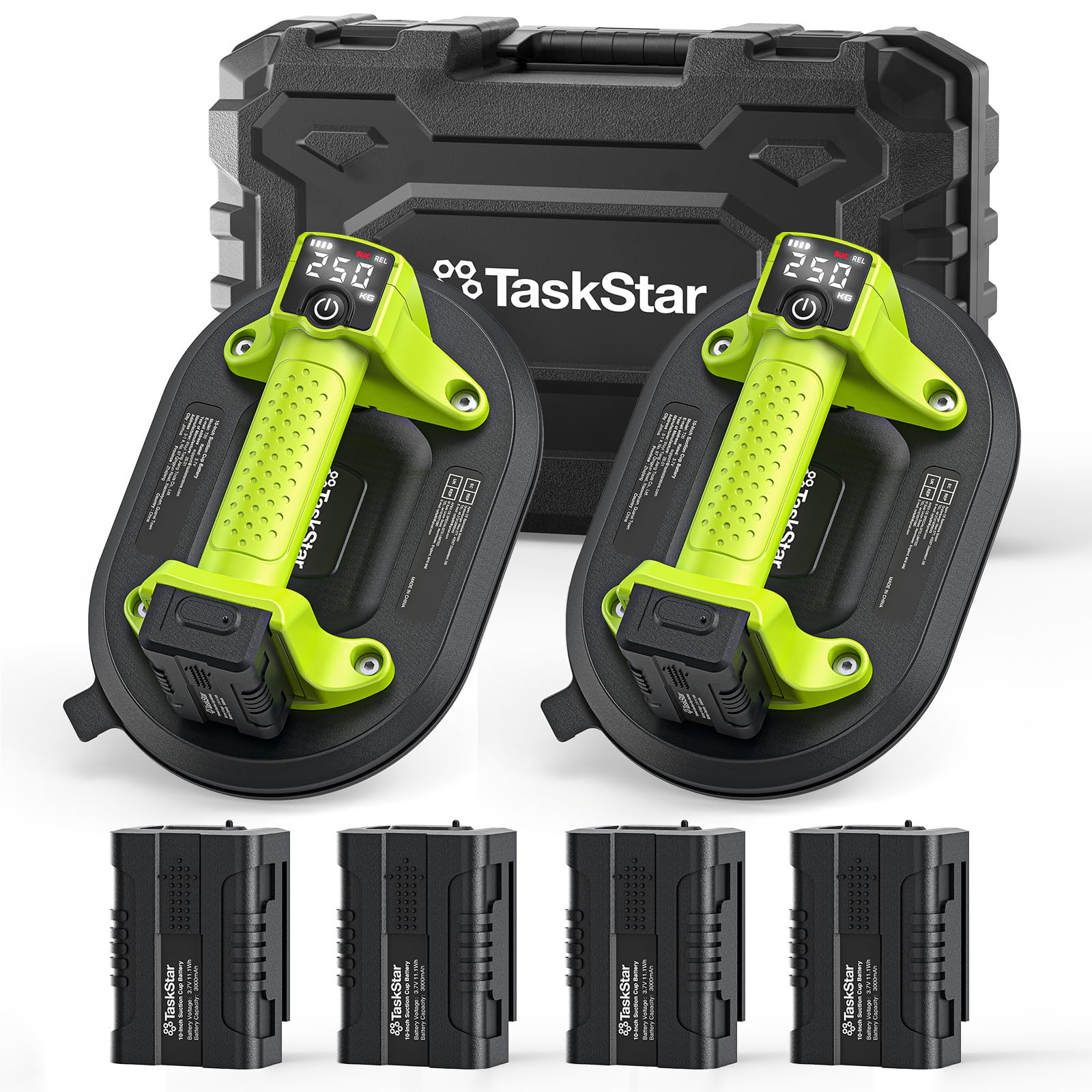 Taskstar Ventosa Elettrica: Ventosa a Batteria da 25cm per Piastrelle con 4x Batteria da 3000mAh - Carico verticale 250 kg - Display LCD, Sollevatore a Vuoto Senza Fili per Piastrelle (Verde)