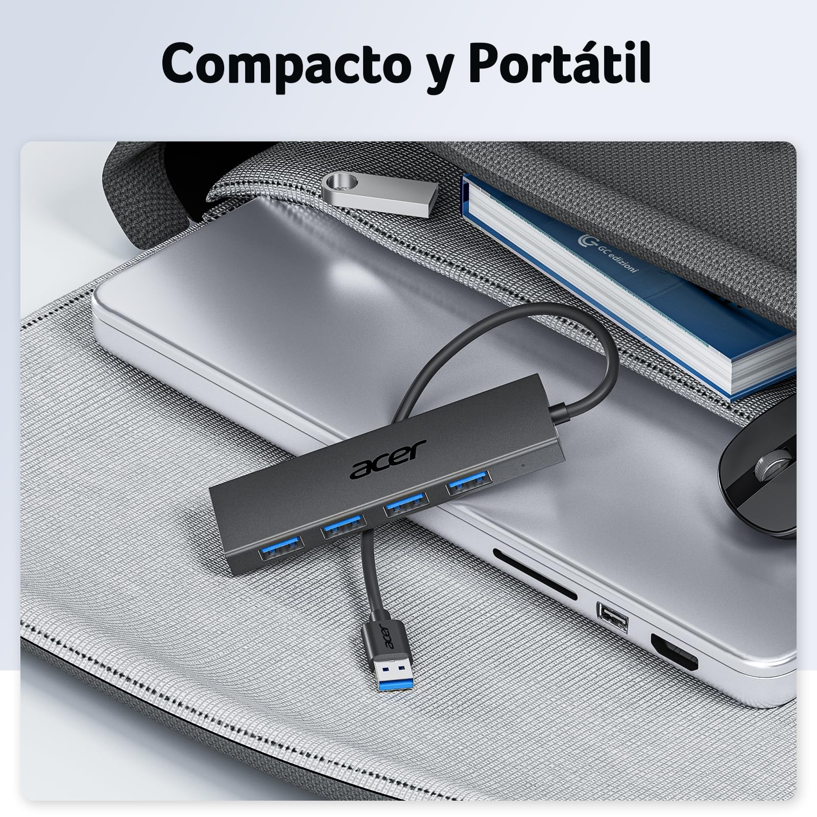 acer Hub USB 3.0, Adaptador USB Ultra Delgado de 4 Puertos, Divisor USB multipuerto con alimentación USB-A 5V3A, Compatible con Laptop Acer y PC, 60 cm