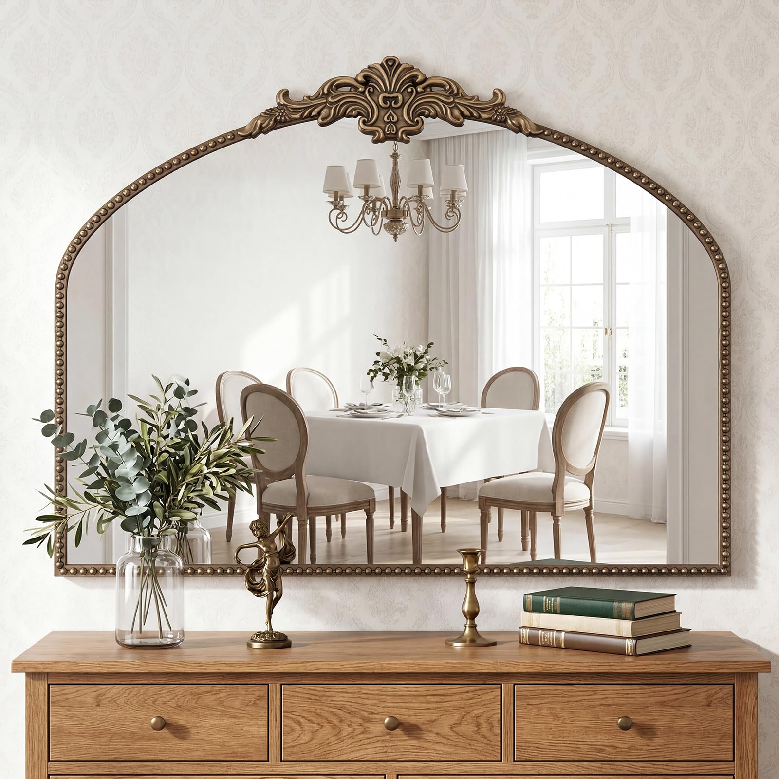 PlushVibes Vintage Baroque Arched Wall Mirror - 36"x28" Retro Bronze Ornate Mirror with Beaded Metal Frame for Bathroom, Fireplace, Living Room, Hallway, Bedroom