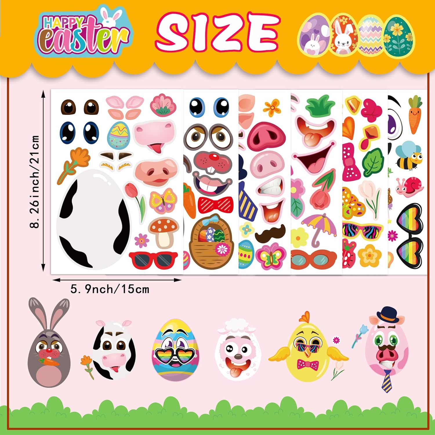24 PCS Easter Stickers for Kids, Make A Face Stickers, Easter Basket Stuffers Egg-Themed Sticker for Families, Schools, Classroom Party Craft Favors