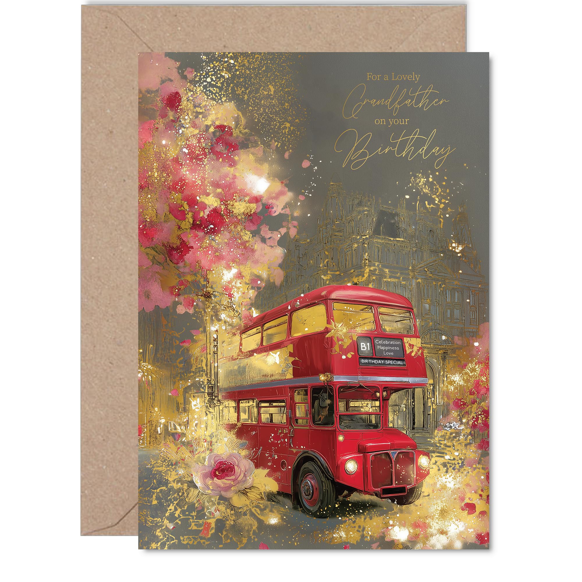 Gold Grandfather Birthday Card - London Red Bus - Happy Birthday Card for Grandfather from Grandson Granddaughter, 5x7 Inch Golden Luxury Classic Cityscape Bday Greeting Cards